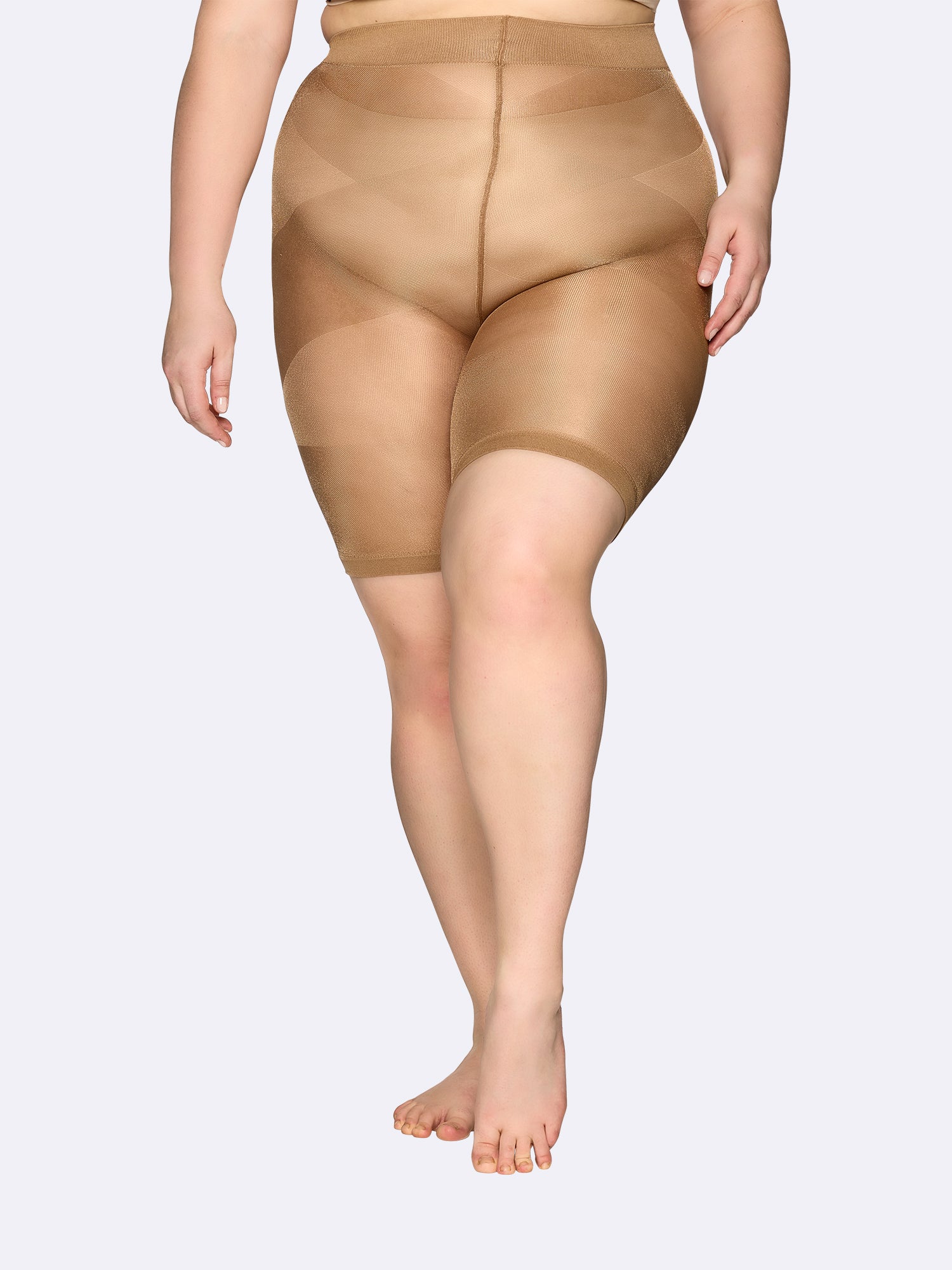 Vogue women's Curvy Thigh Panty 40 denier short leggings in natural are perfect for plus size women on model.
