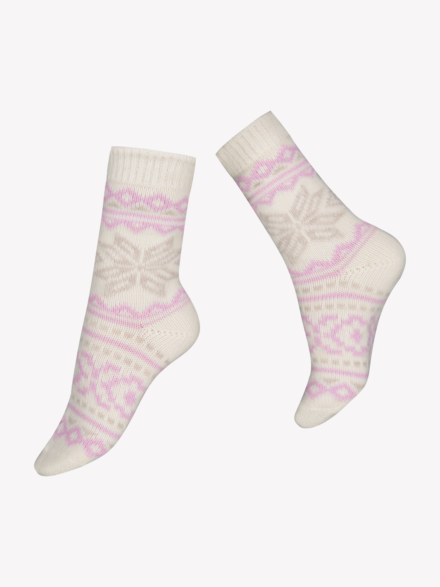 Vogue's soft alpaca blend ankle socks in off-white with a fair isla pattern in light pink and brown in a product picture.