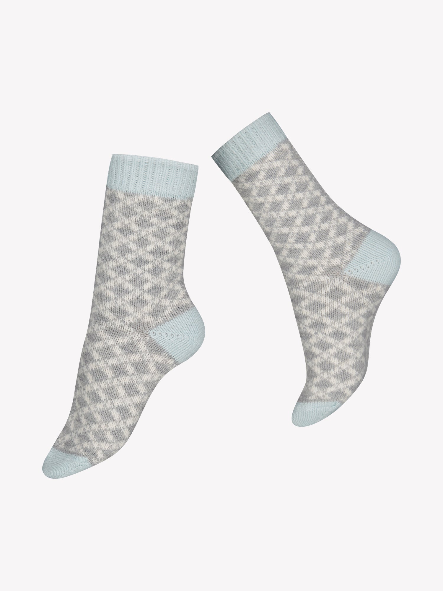 Vogue's light blue and grey ankle socks made from wool blend with geometric pattern in a product picture.