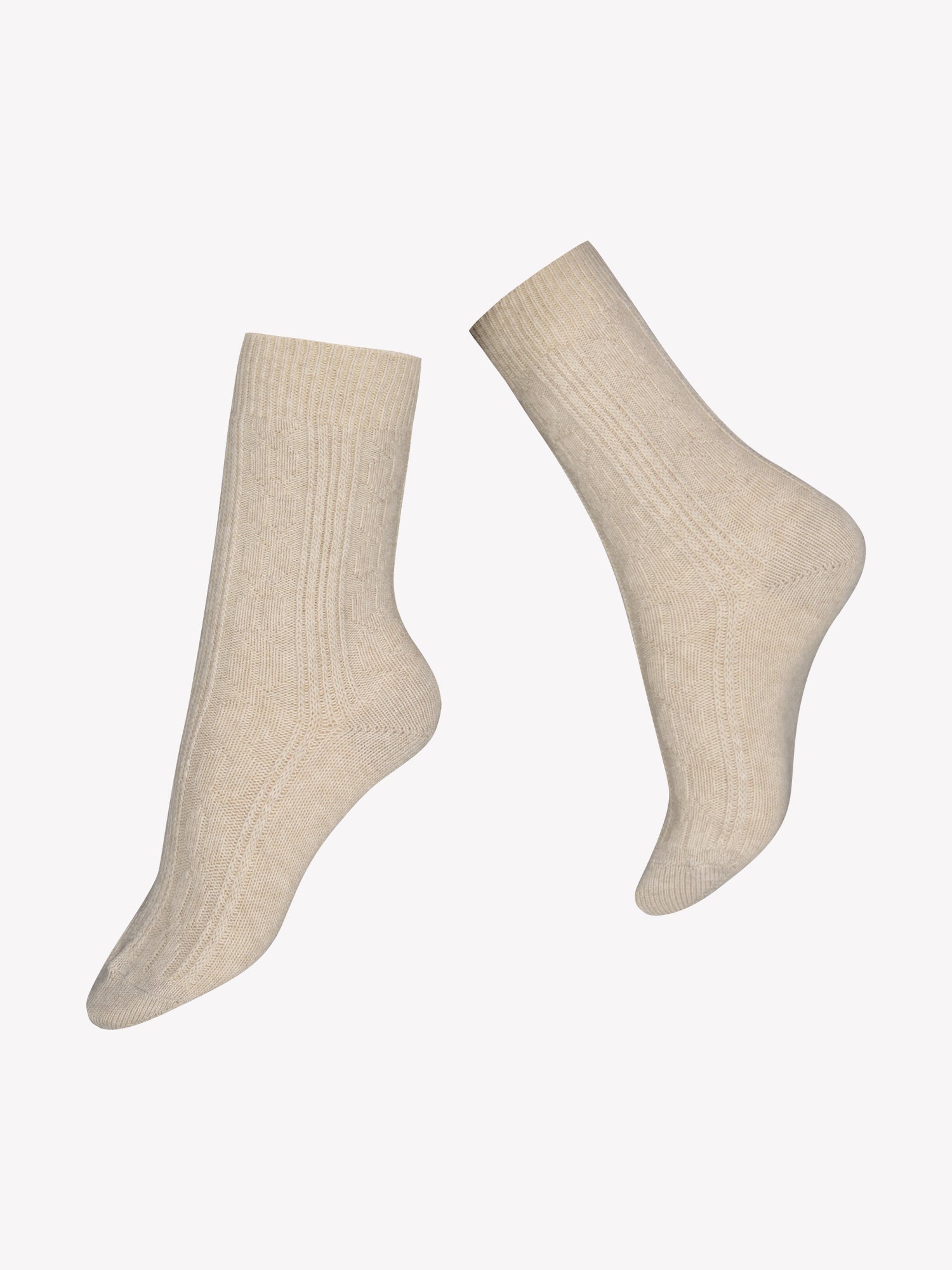 Olivia wool blend socks with cashmere and classic cable pattern in a beige melange color in a product picture.