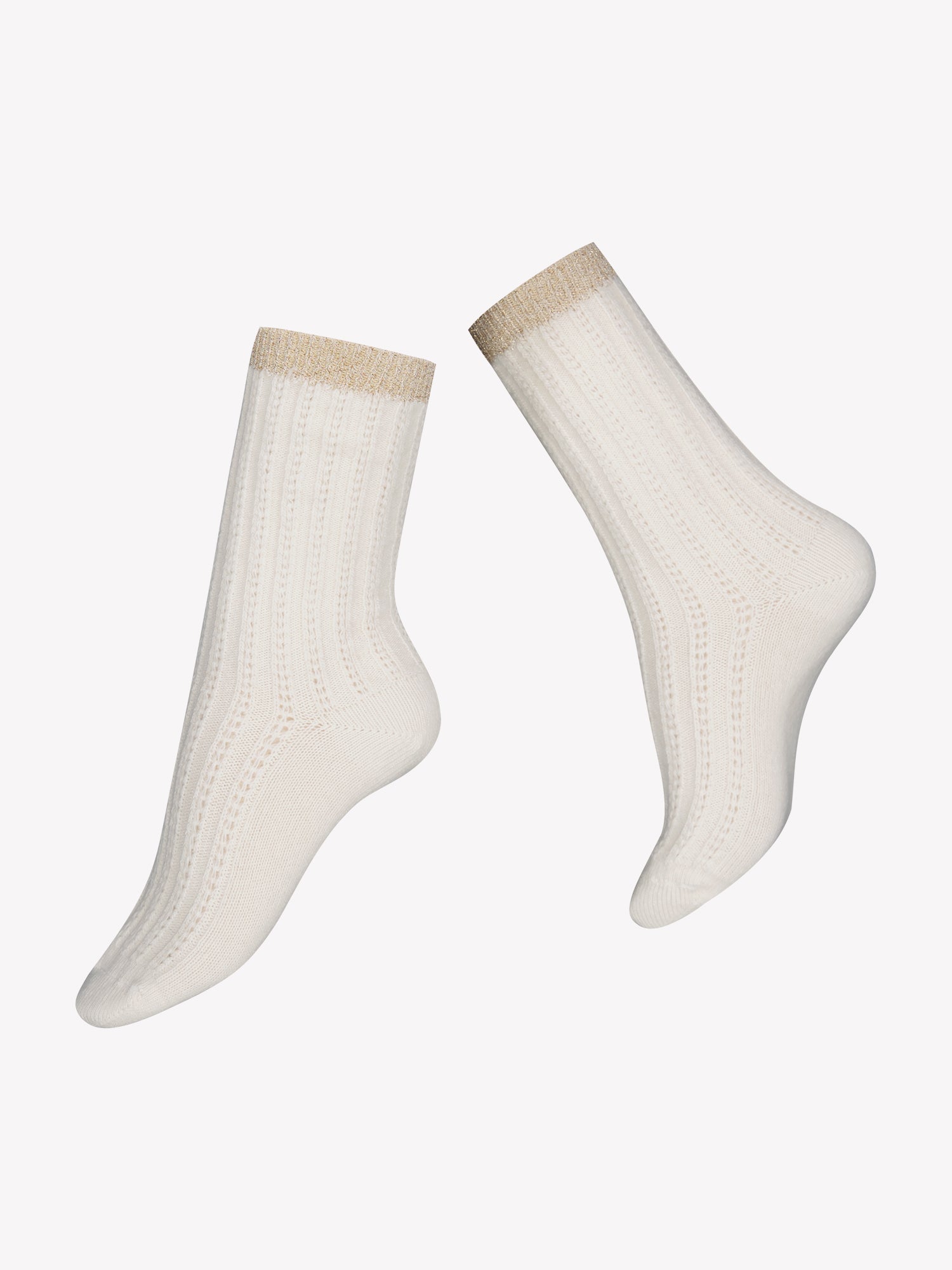 Vogue's off-white ankle socks crafted from a wool blend enriched with cashmere. They have ribbed texture and delicate shimmer on the beige cuff in a product picture.