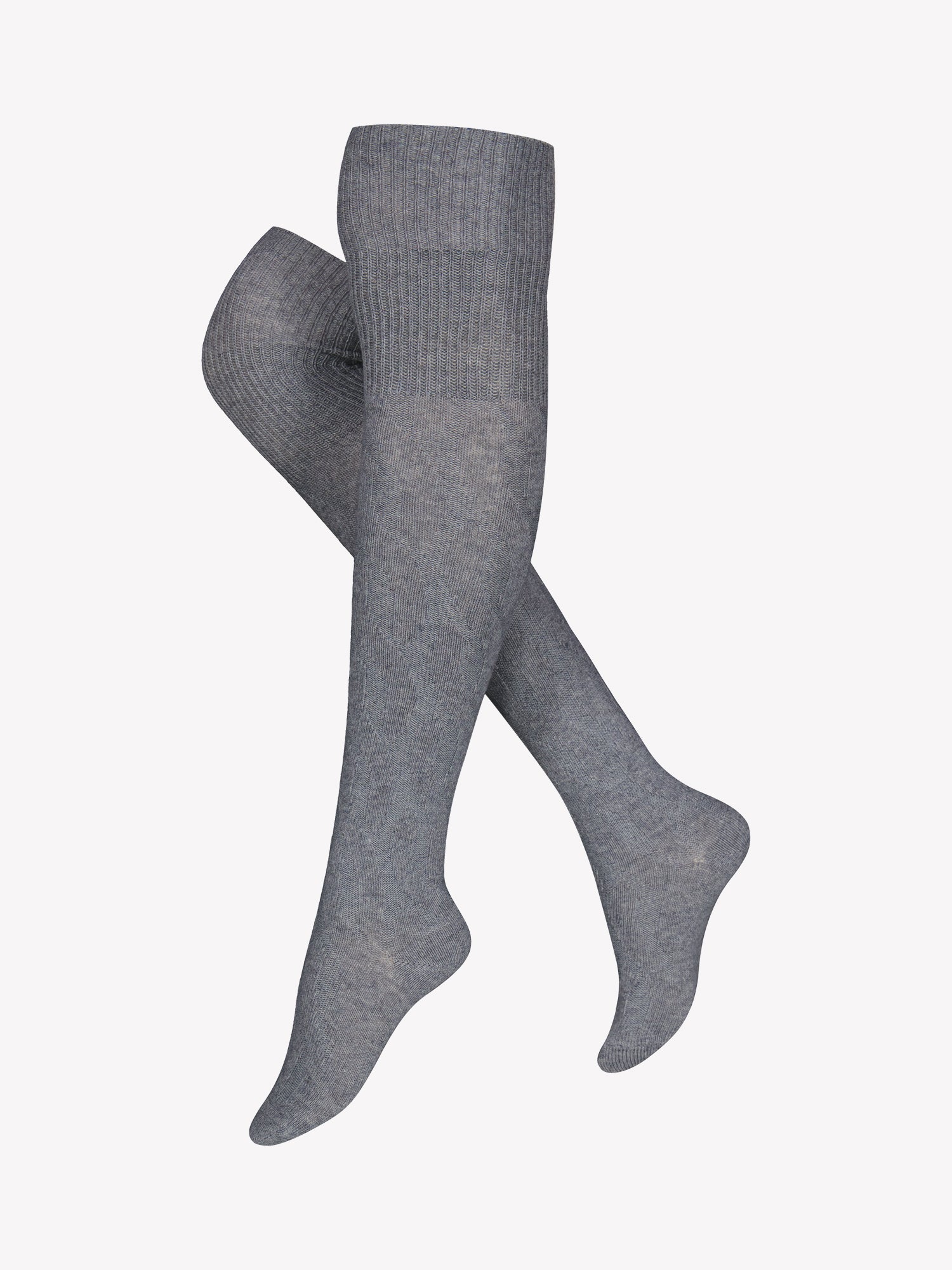 Vogue's Sophia melange grey over-the-knee socks with a cable knit pattern and rib at the cuff in a product picture.