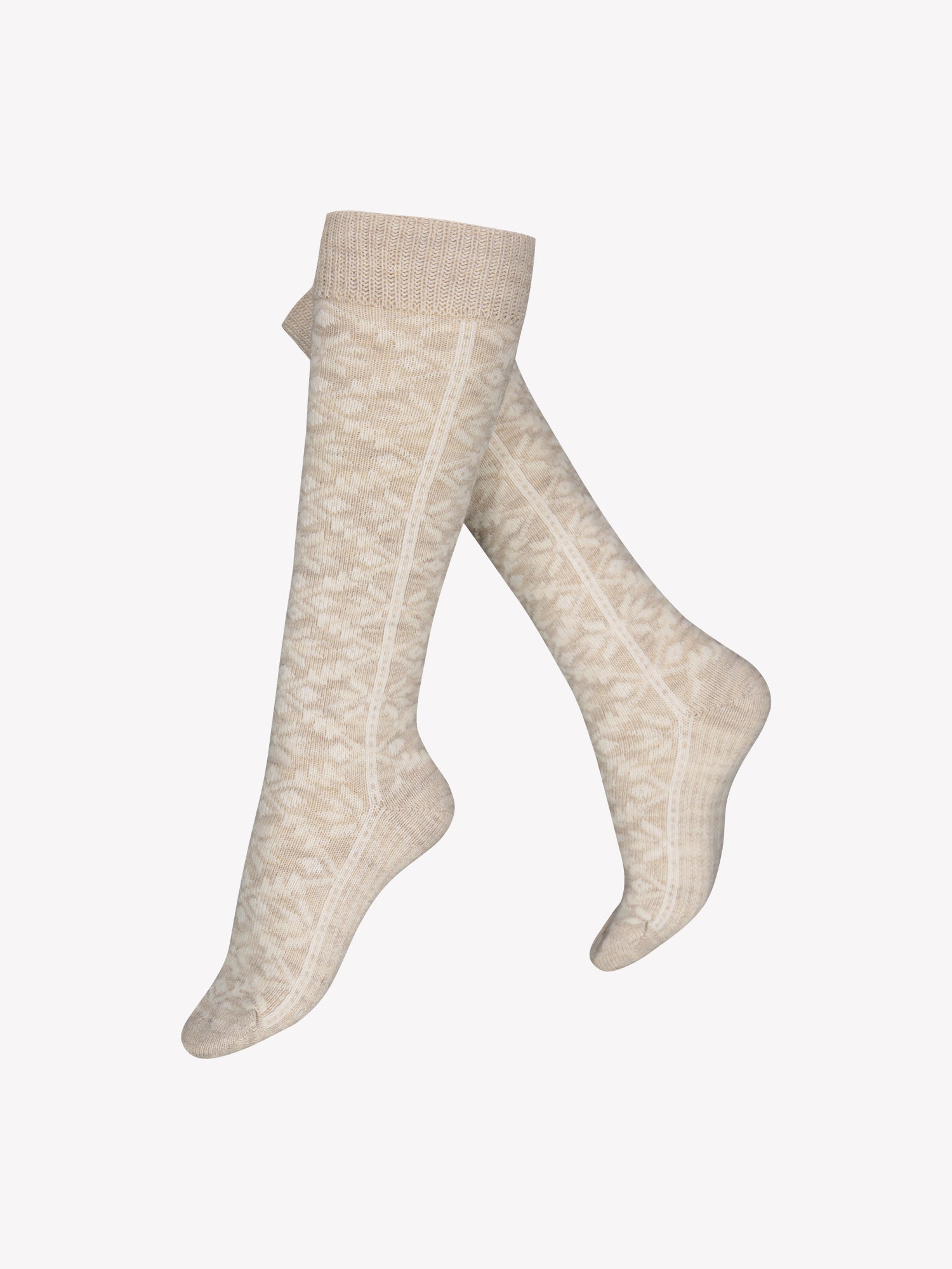 Vogue's melange beige knee high socks from wool blend in a product picture. A fair isla pattern gives the finishing touch to the socks. 