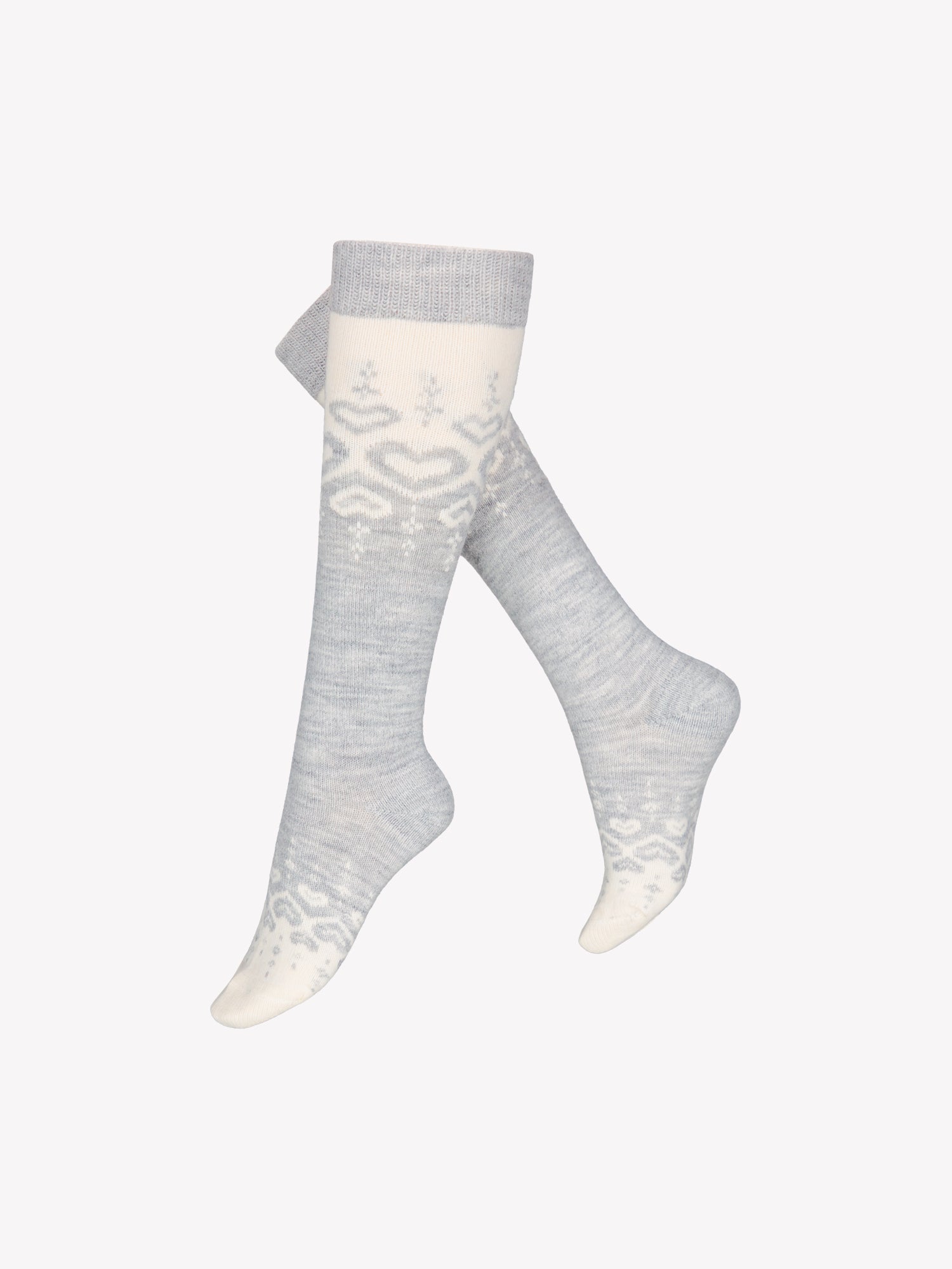 Soft grey-toned wool blend knee-high socks with a charming heart pattern, product picture