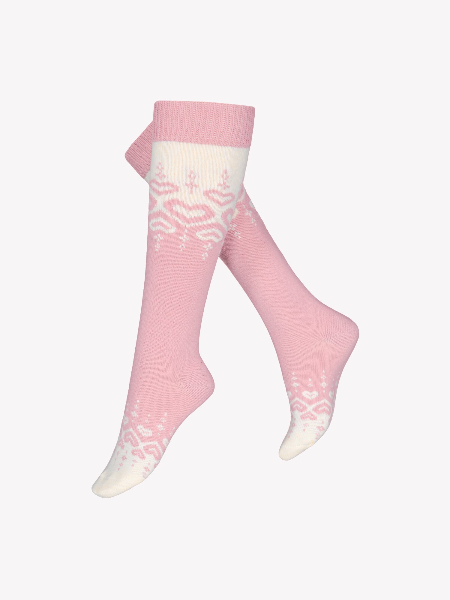 Soft rose-toned wool blend knee-high socks with a charming heart pattern, product picture