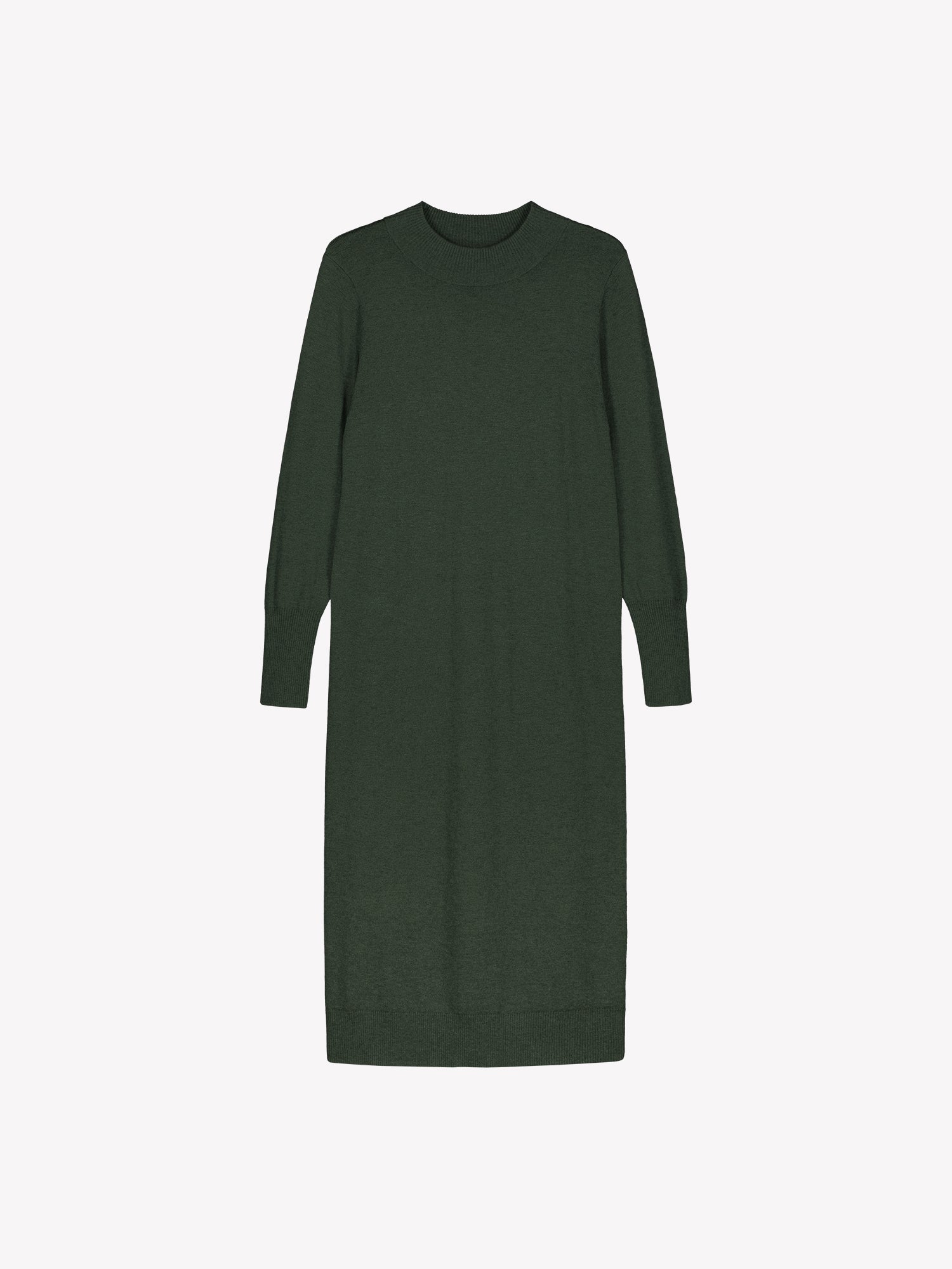 Nanso women’s dark olive green Villis knit dress in a lightweight merino wool and cotton blend, stand collar with ribbed hem and cuffs, product photo front view.