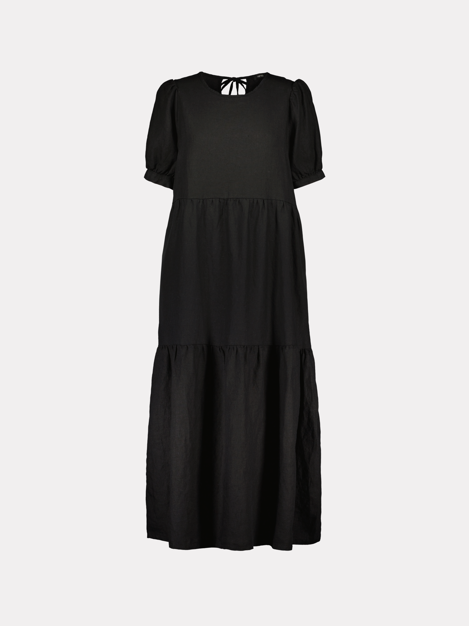 he Sarastus long black dress for women is made of high-quality, durable, and breathable woven linen fabric. With its voluminous frill layers and short puff sleeves, this dress exudes both elegance and comfort. Displayed as a flat-lay from the front.