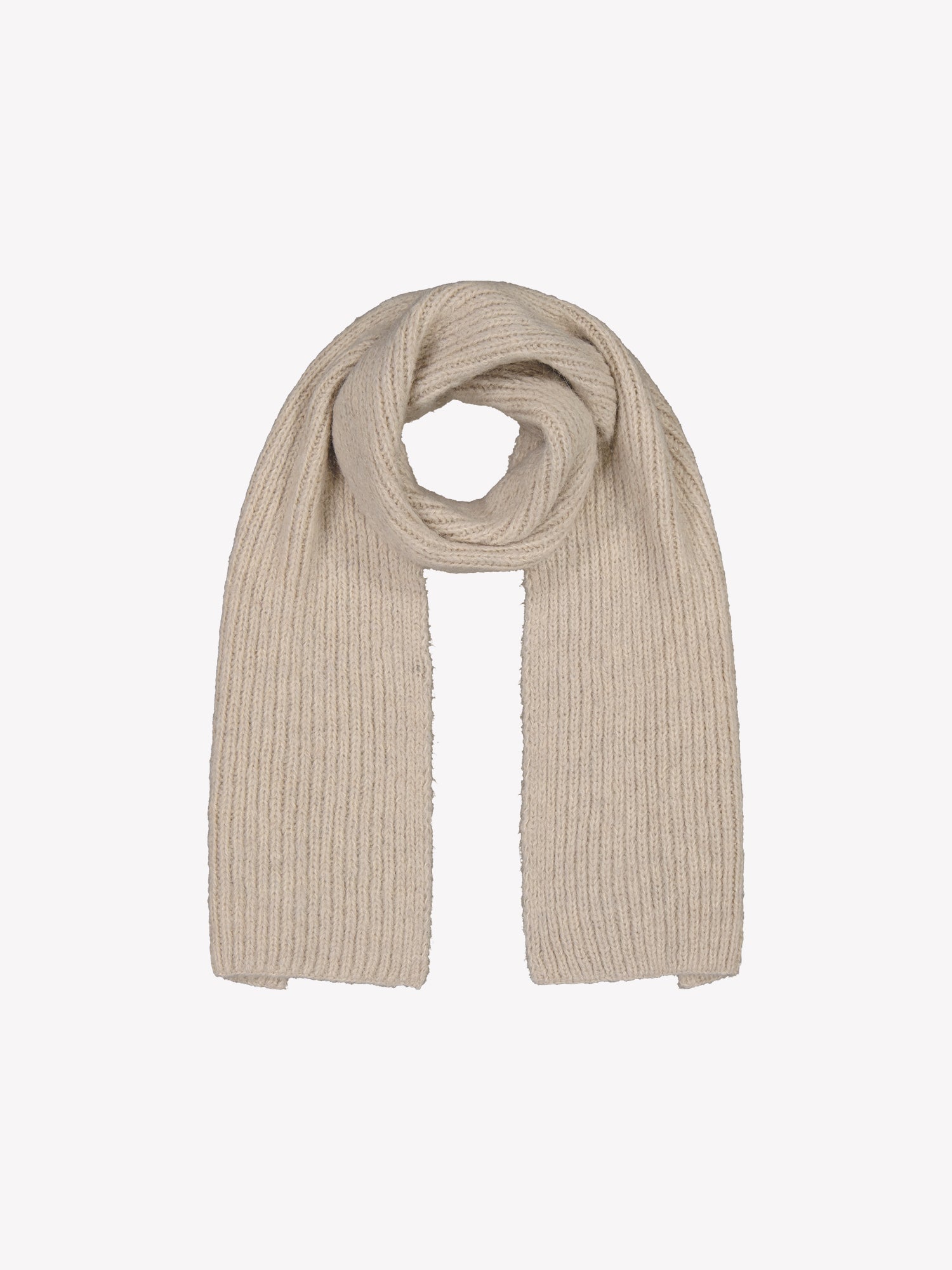 Nanso's soft and warm beige Usva scarf for women features a ribbed knit design.