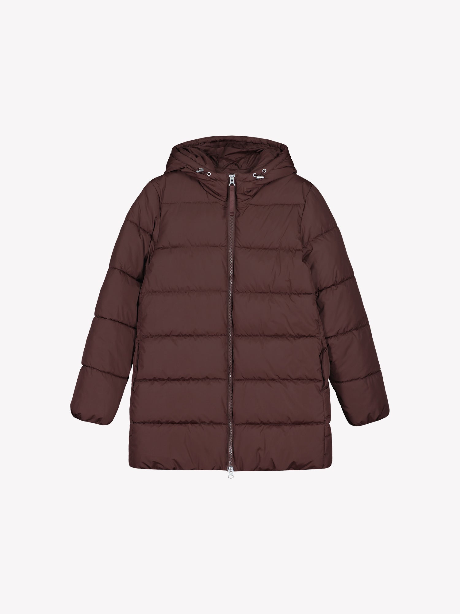 The dark brown Lumi padded coat provides warmth with its soft, lightweight padding and generous fit. In product image.