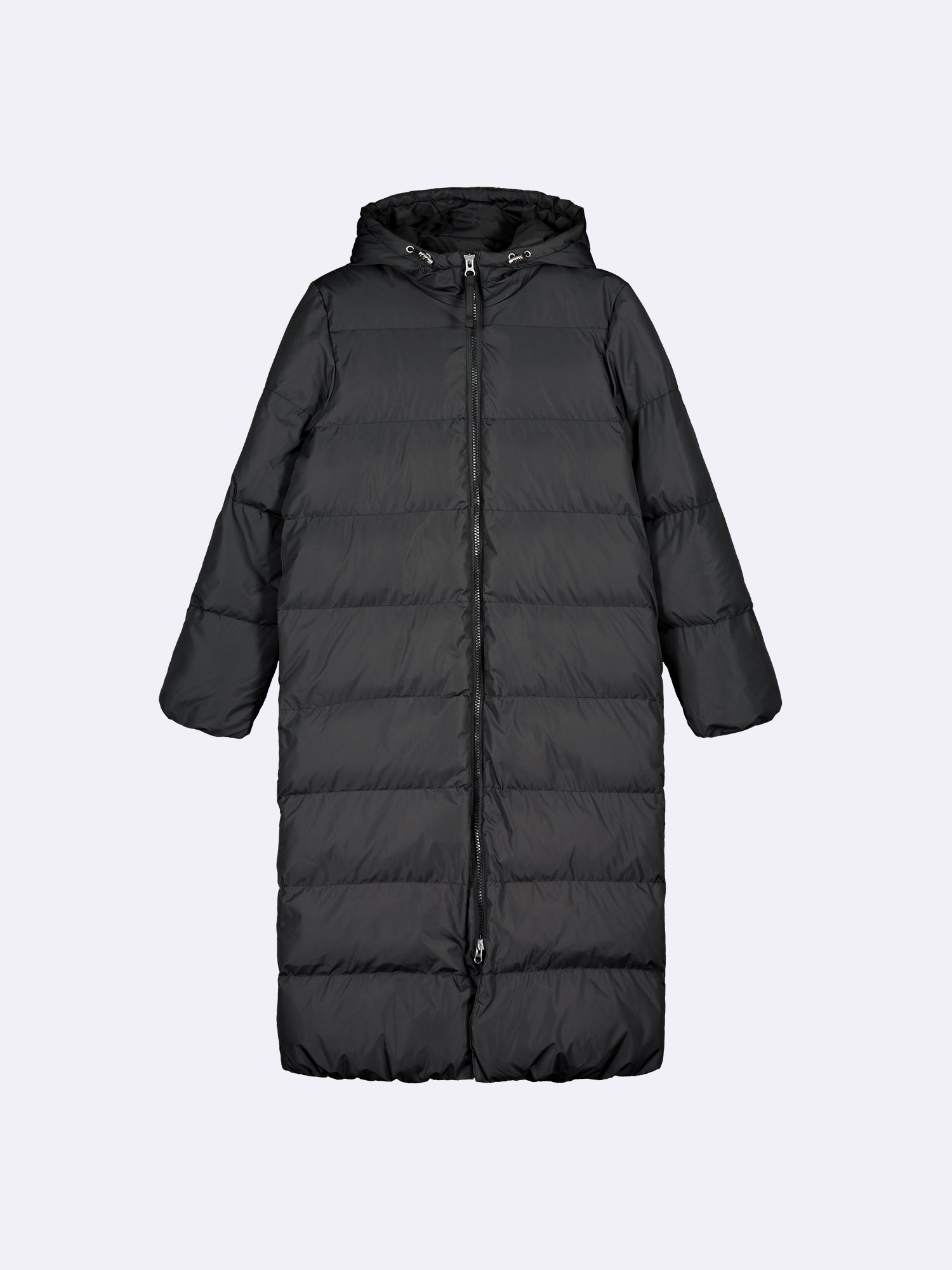 The Lumi Long Pink Puffer Coat in black offers cozy warmth with its lightweight, puffy insulation. In product image.
