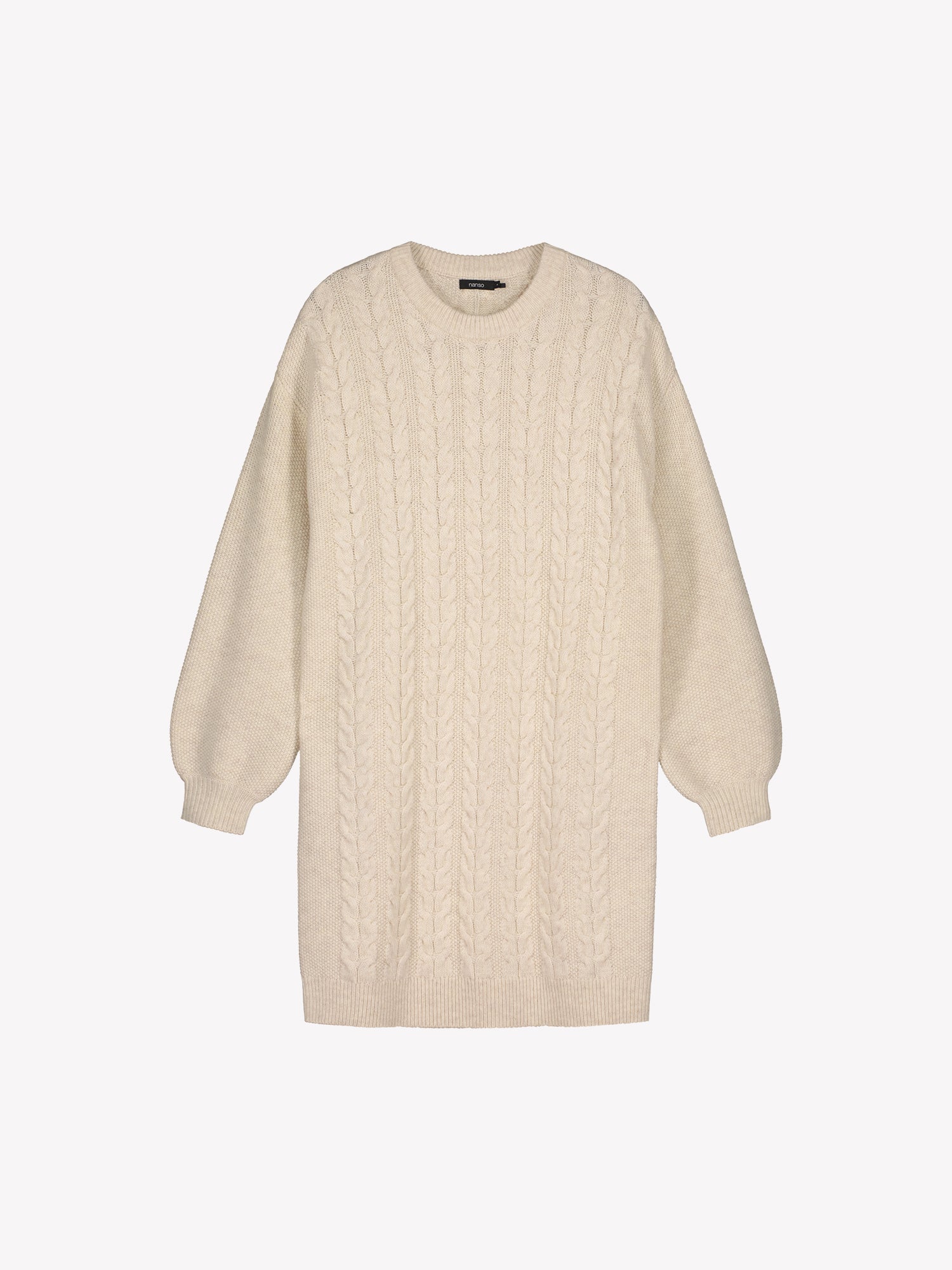 Beige cable knit sweater dress on a white background