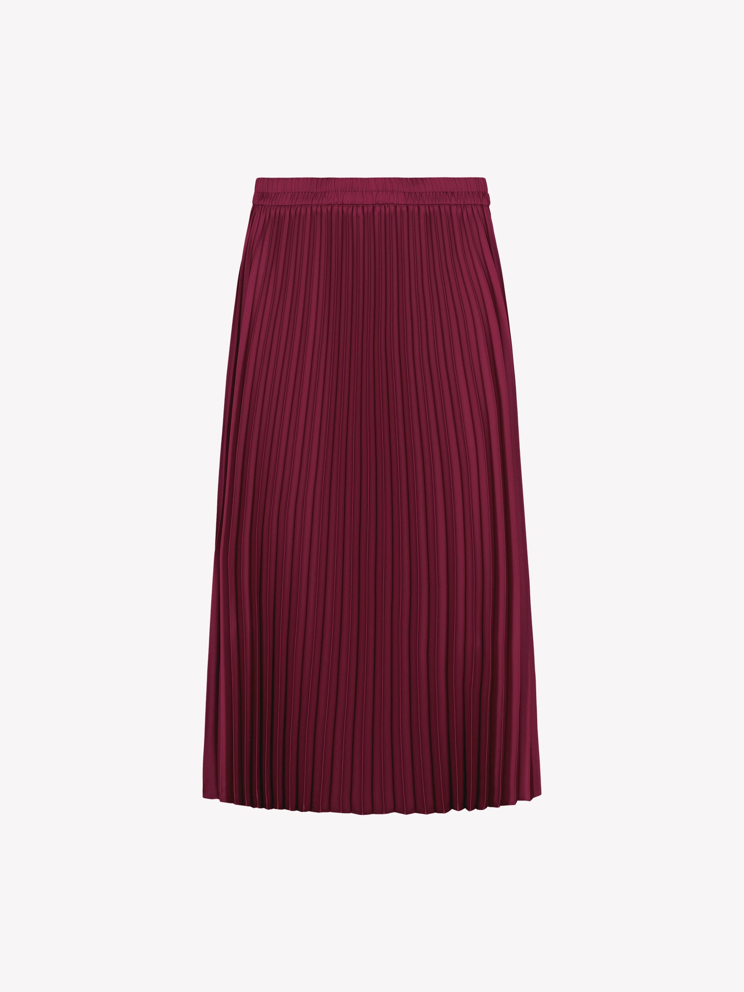 Nanso's elegant Taite skirt for women features a graceful drape in burgundy. Its narrow pleats, elastic waistband, and lining offer both comfort and style.  