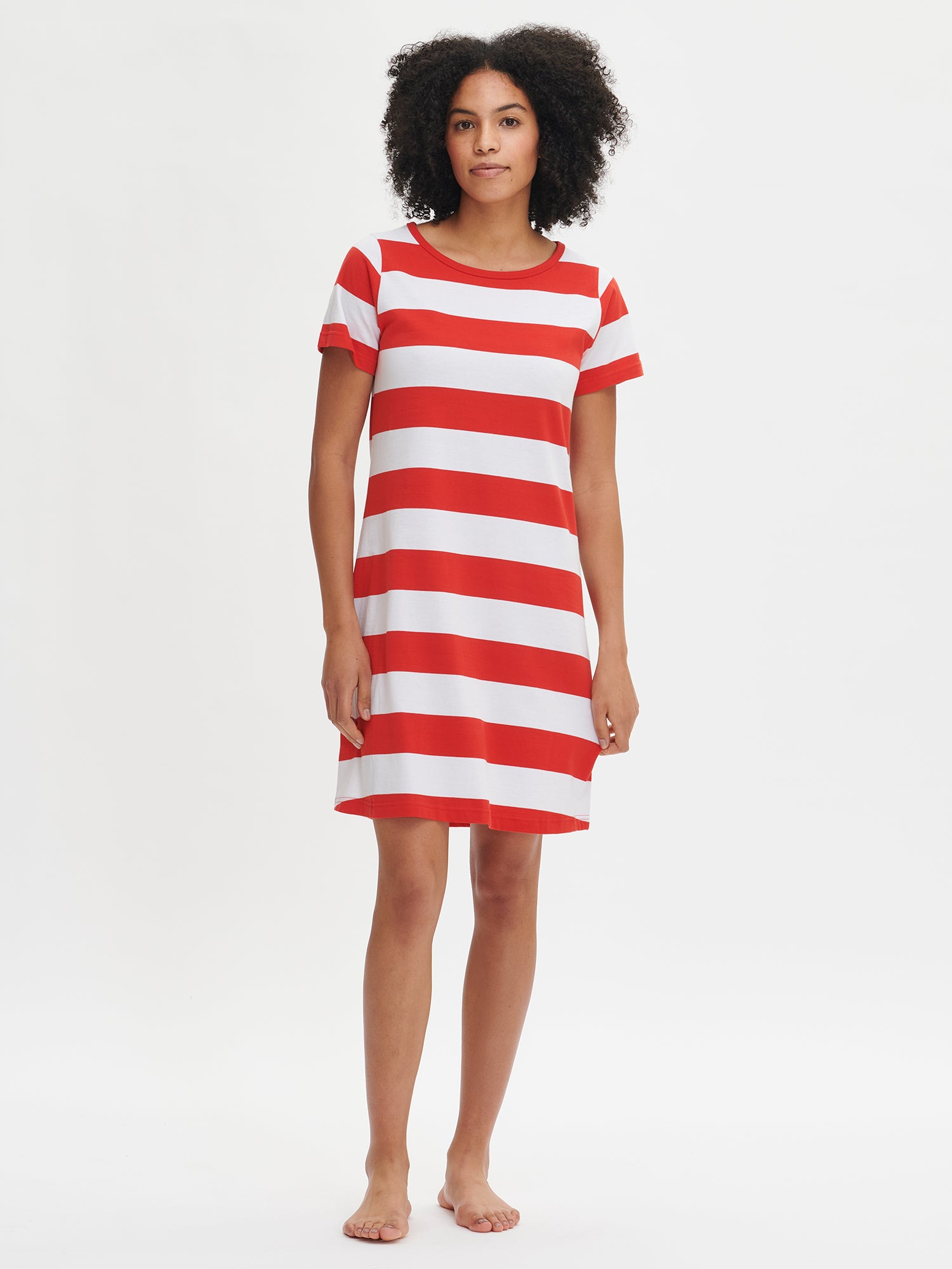Nanso women's striped red Palkki nightdress with short sleeves and an oval neckline, worn by the model.