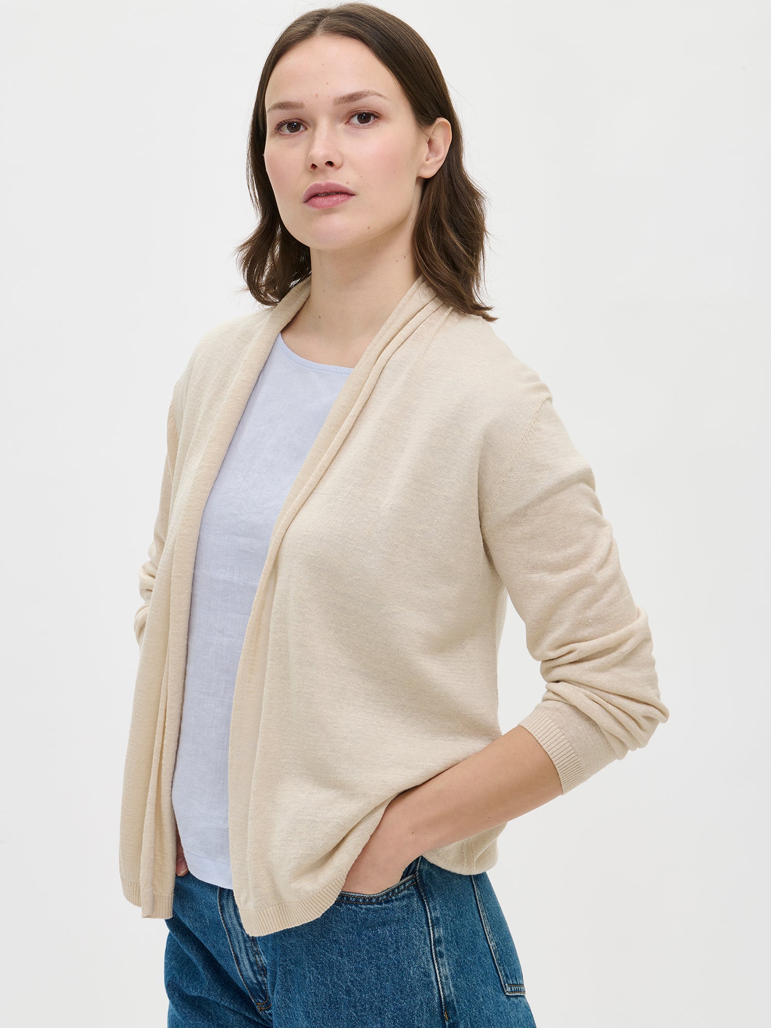 Nanso's stylish, long-sleeved Karina knit cardigan in beige for women.