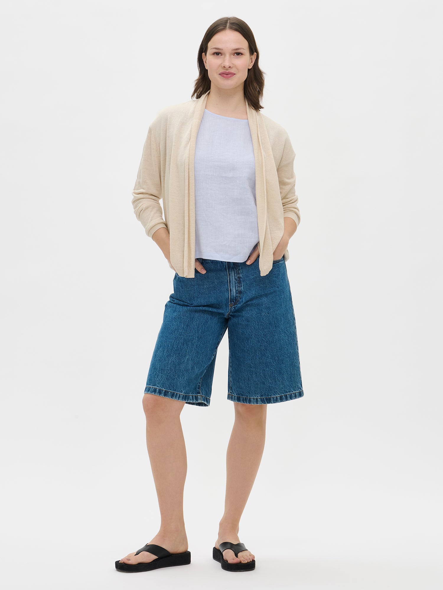 Nanso's stylish, long-sleeved Karina knit cardigan in beige for women from the front