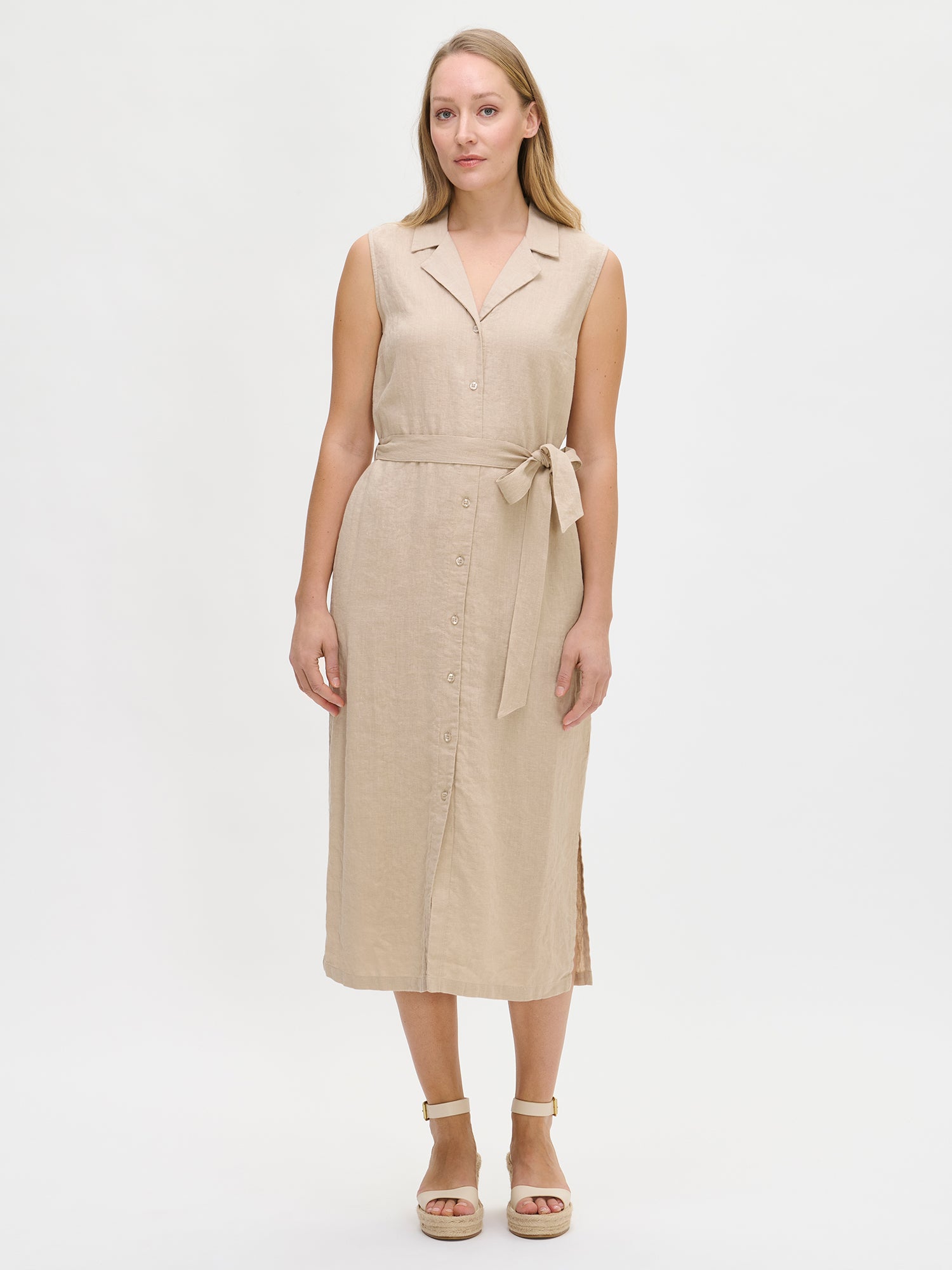Nanso women's versatile sleeveless beige Lin Linen Dress from the front