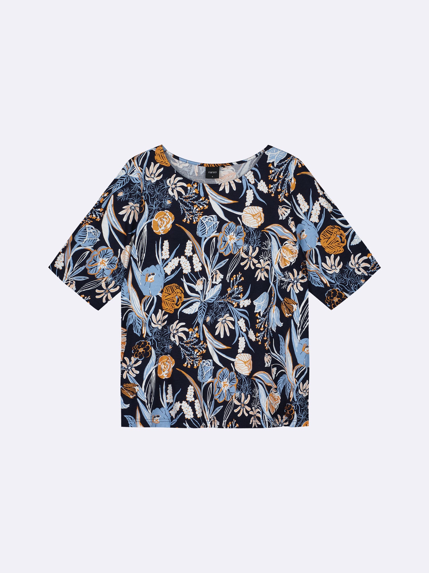 Nanso women's dark blue Floristi Blouse with a floral pattern. 