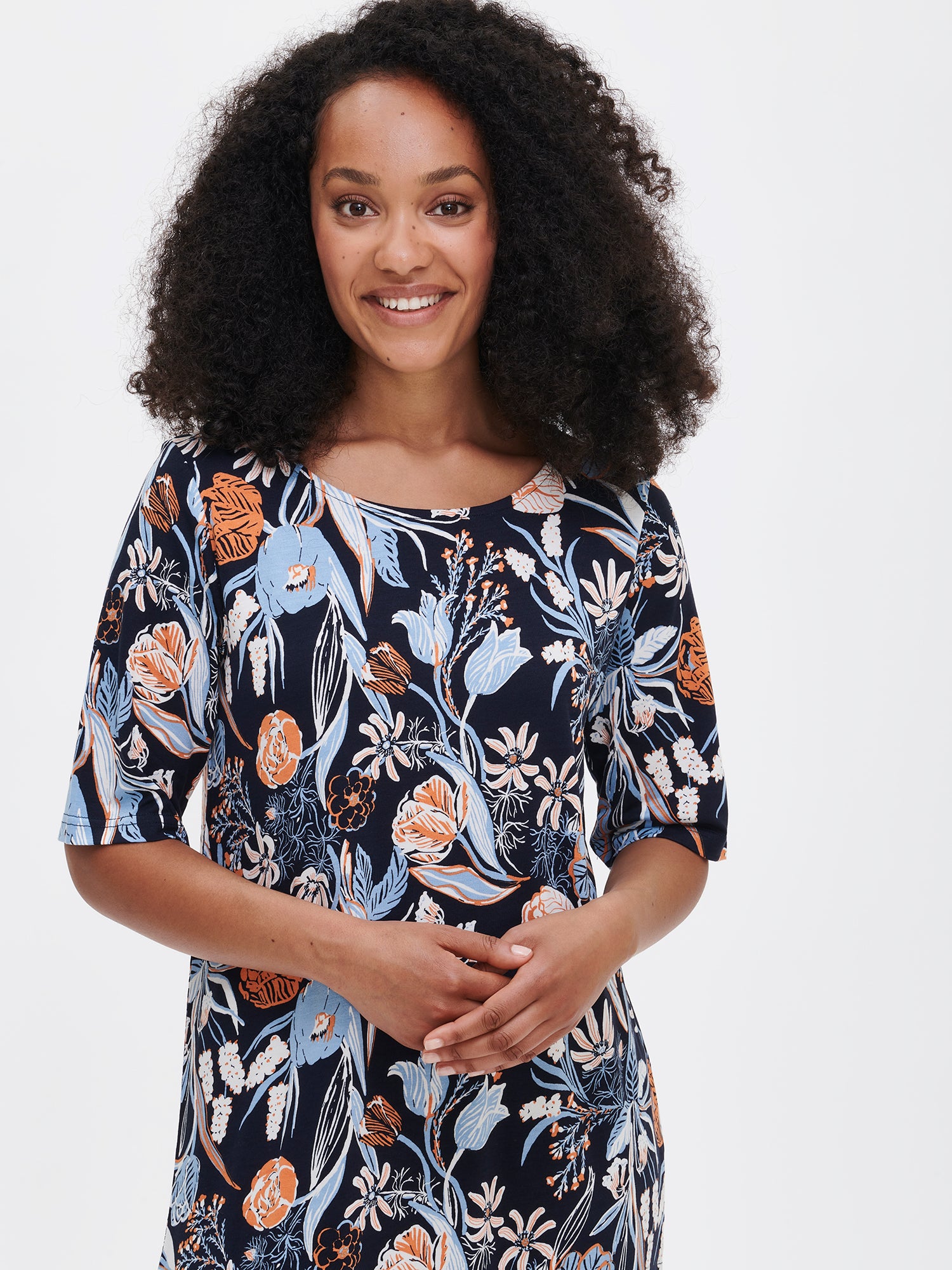 Nanso women's dark blue Floristi Tunic with a floral pattern. close-up