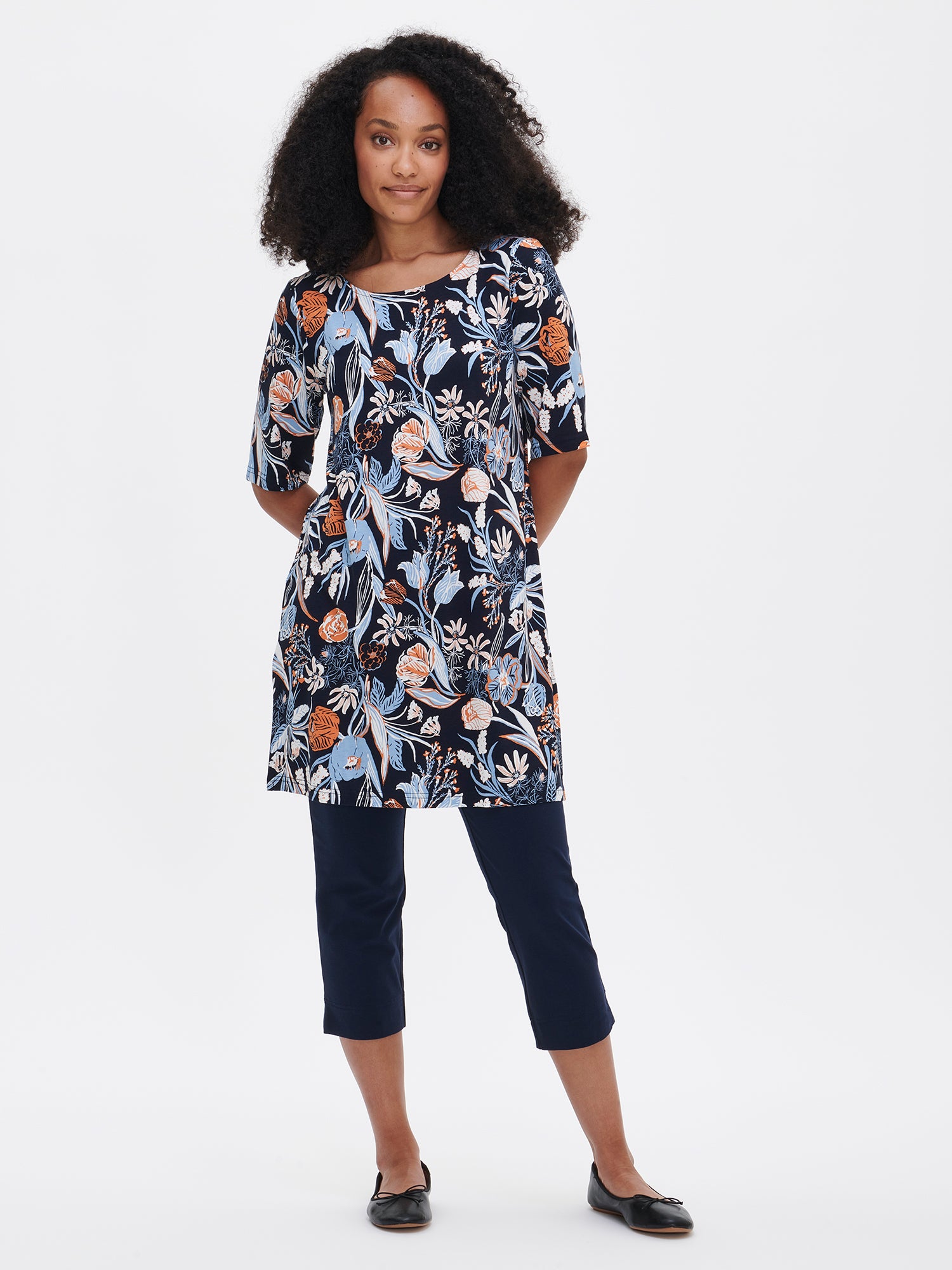 Nanso women's dark blue Floristi Tunic with a floral pattern