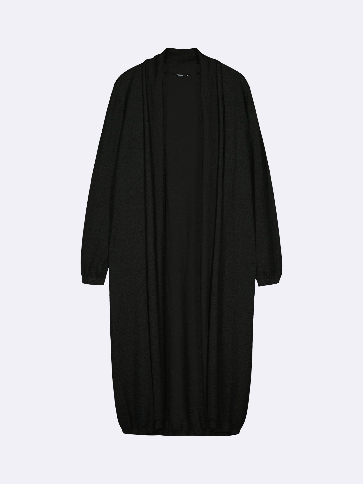 Nanso women's elegant long Karina cardigan in black. Stylish and comfortable cardigan with a shaped knit, classic shawl collar, and full-length sleeves. In a product picture