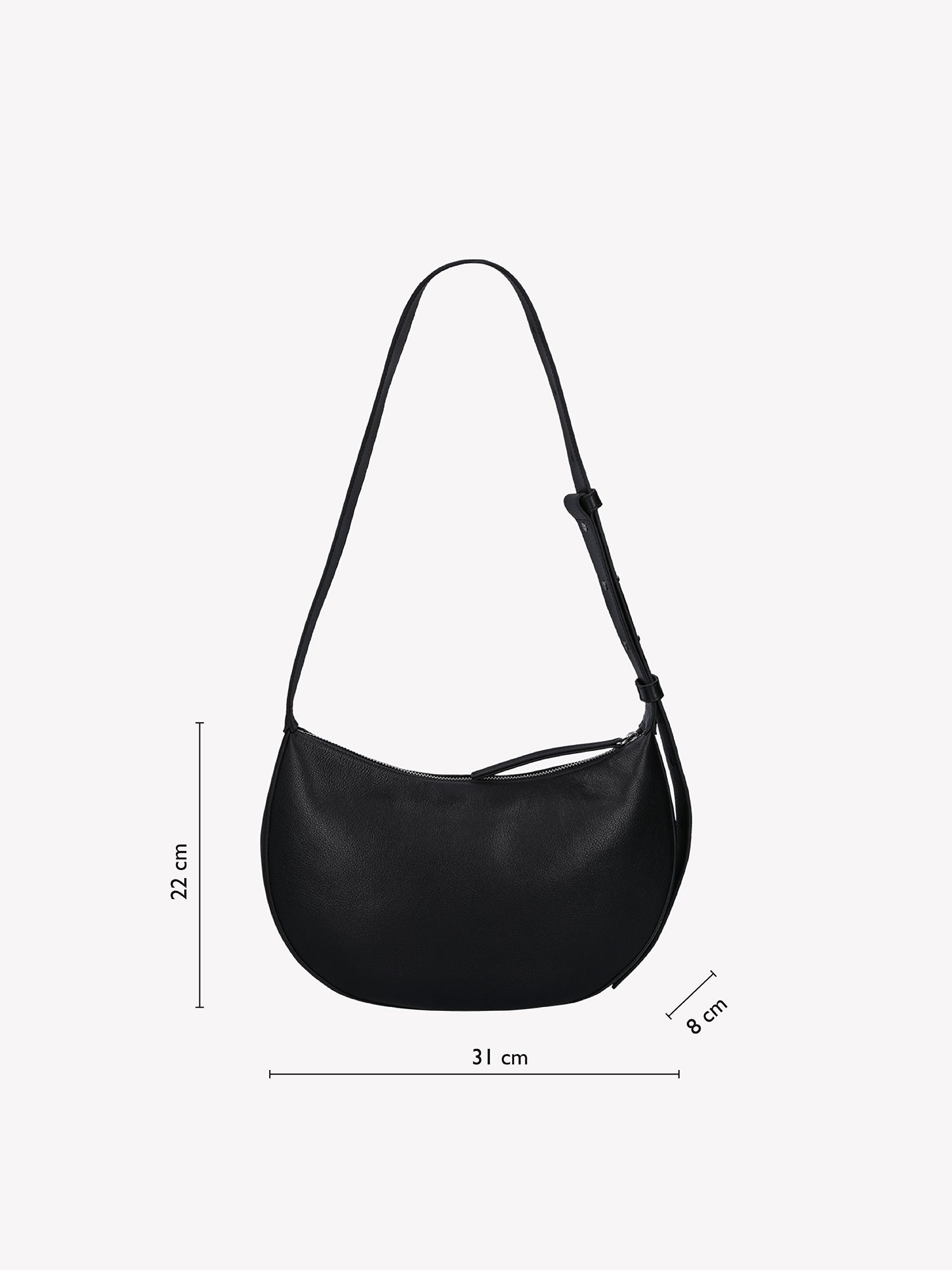 Nanso OLKA KUU - half moon-shaped leather shoulder bag in dark brown. measurements