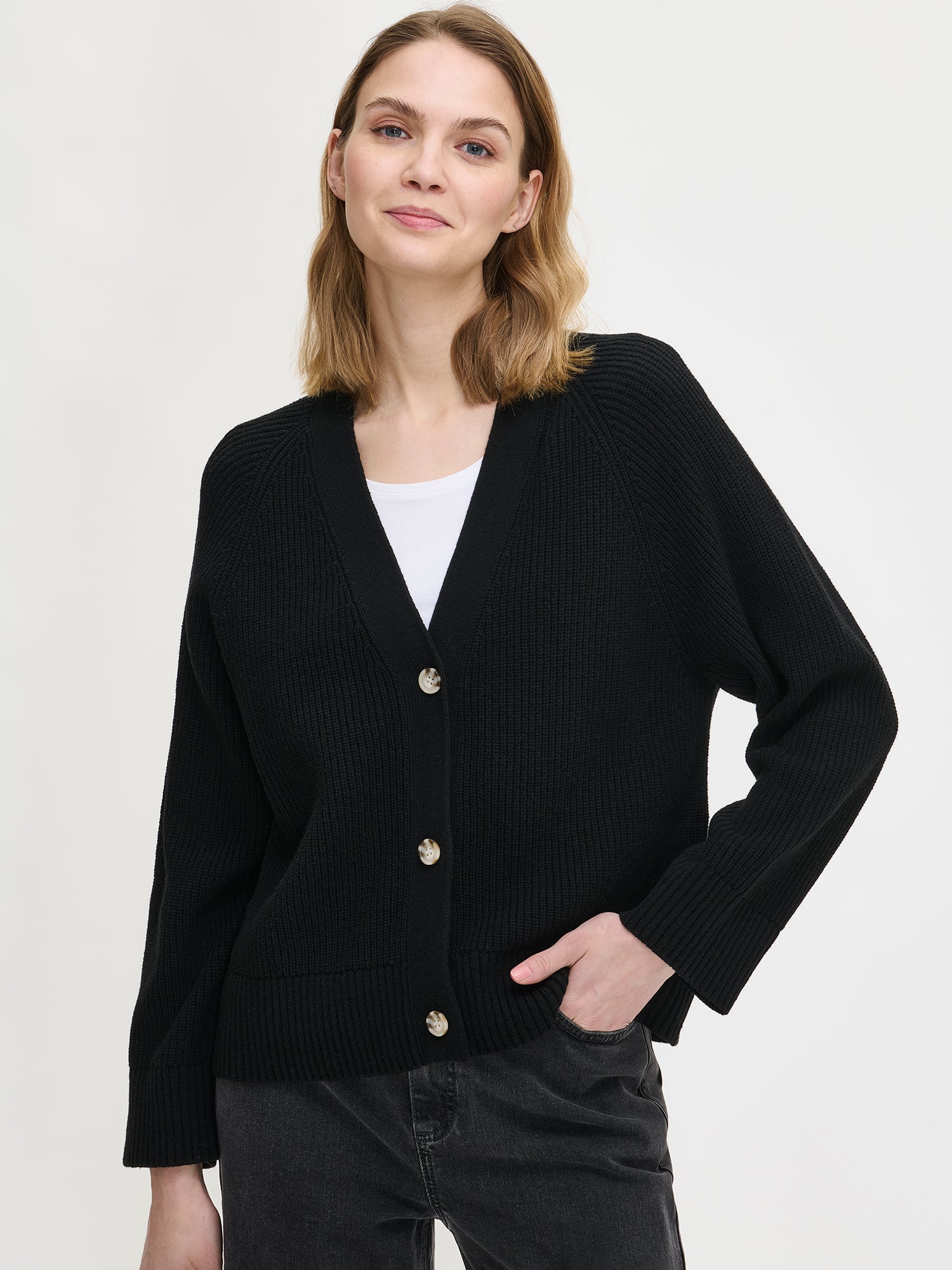 Nanso women's black Pamela knit cardigan from the front