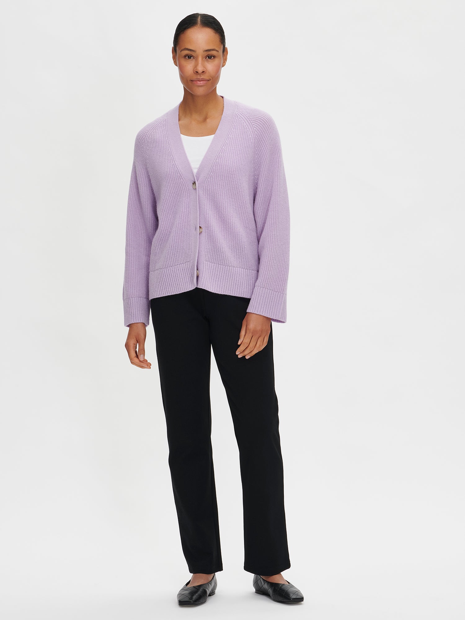 Nanso women's lilac Pamela knit cardigan with jeans