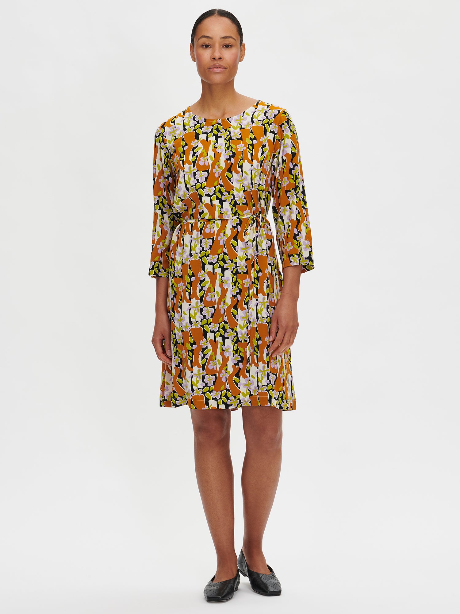 Nanso women's multicolored Bootsit dress features an A-line silhouette with a round neckline, from the front