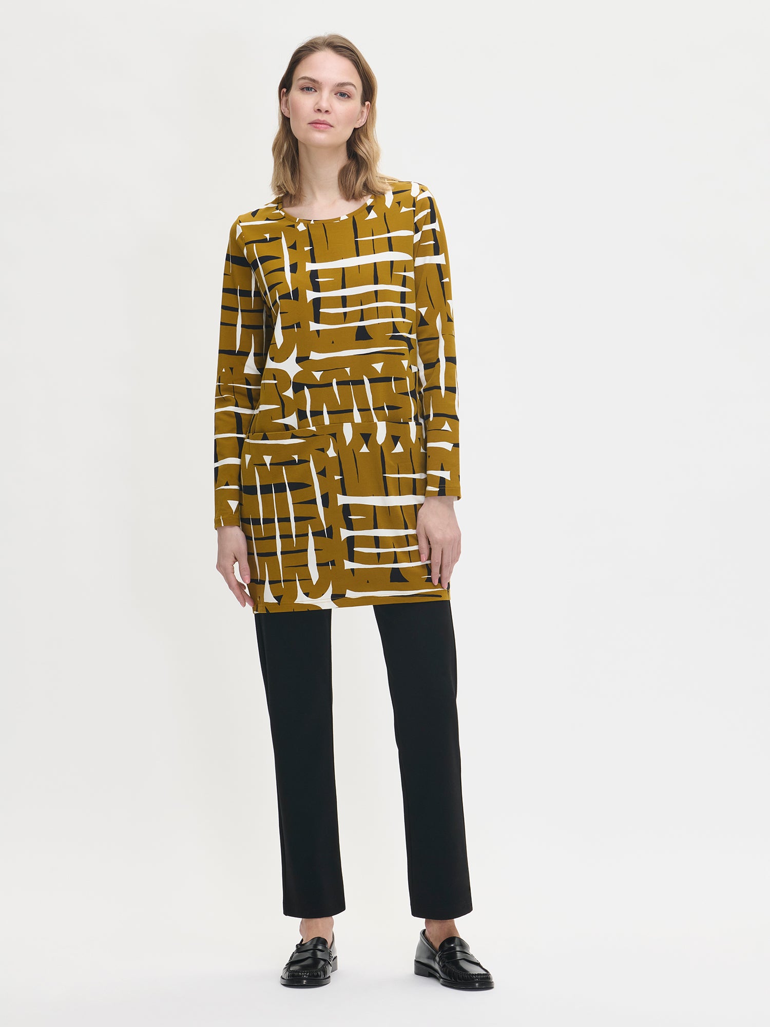 Nanso women's brown Kaiku tunic features a patterned design and a straight silhouette, on a model
