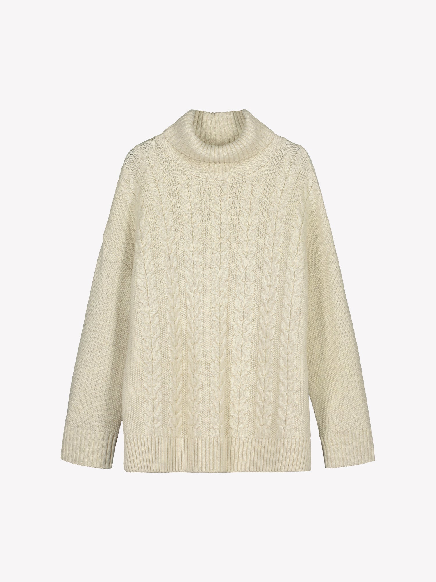 Beige cable knit sweater on a white background