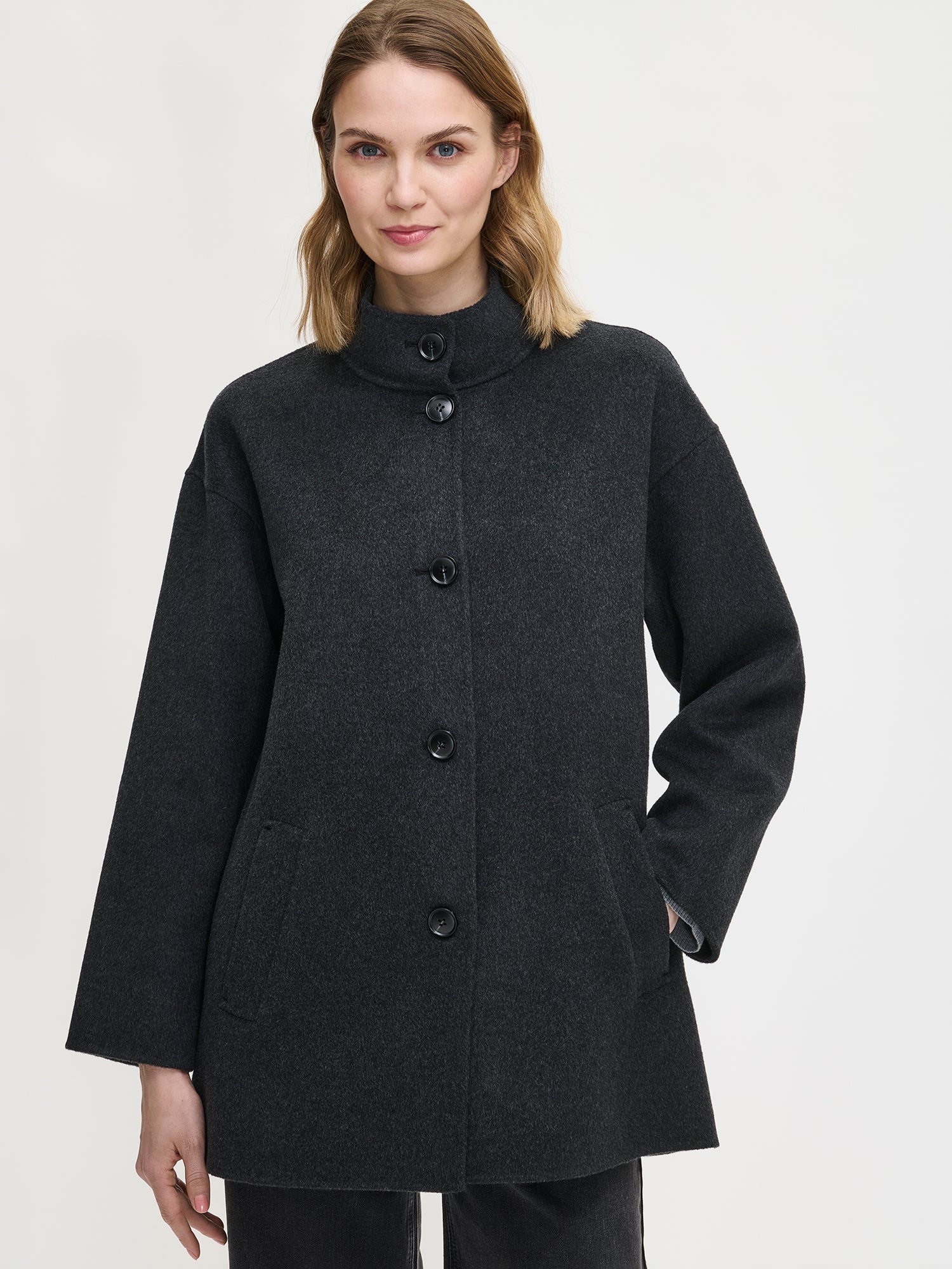 Nanso women's casual short dark grey Ella wool coat, close-up