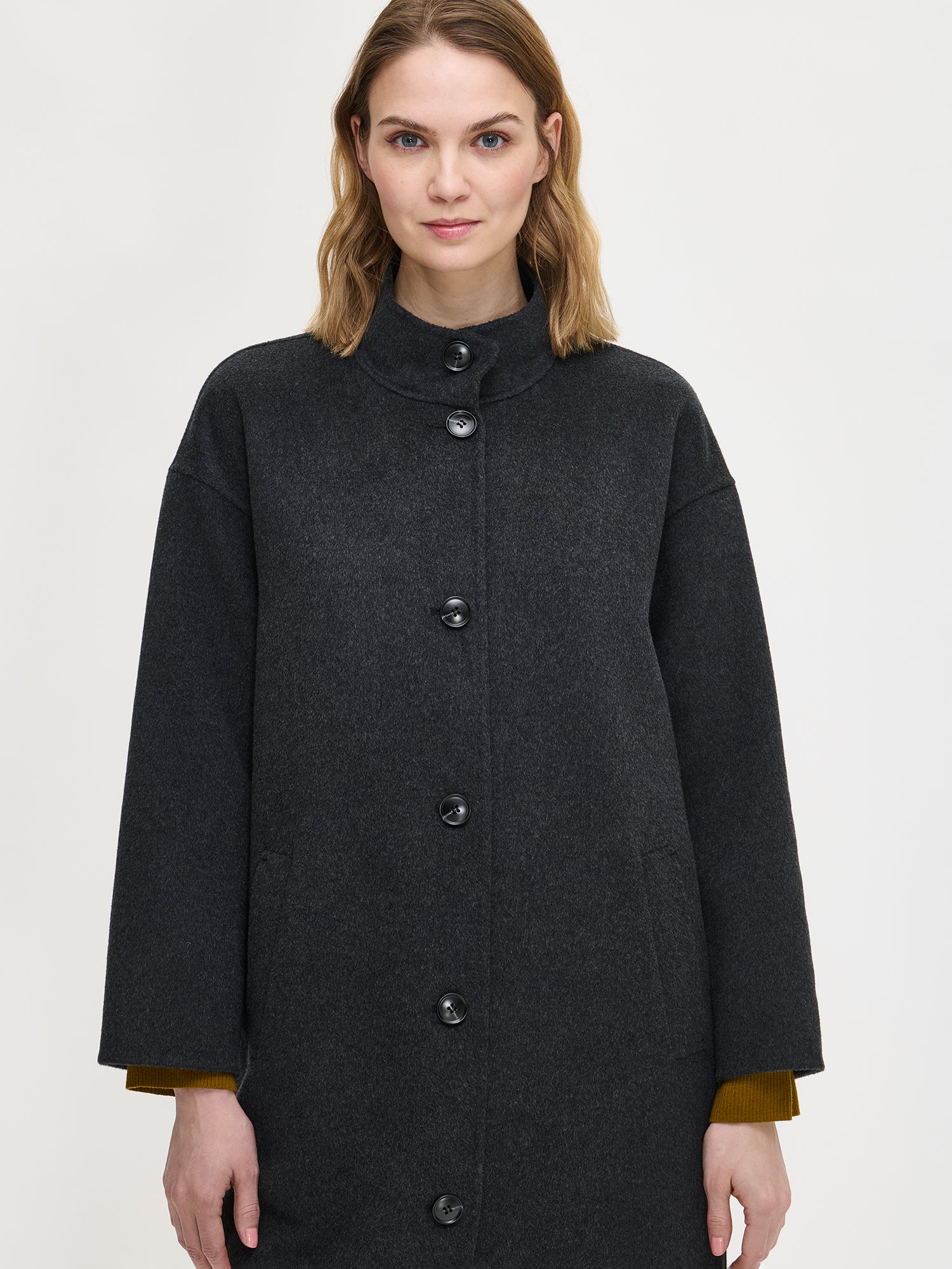 Nanso women's long dark grey Elle wool coat, close-up