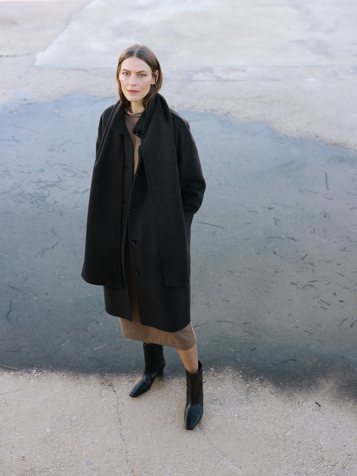 Nanso women's long dark grey Elle wool coat front