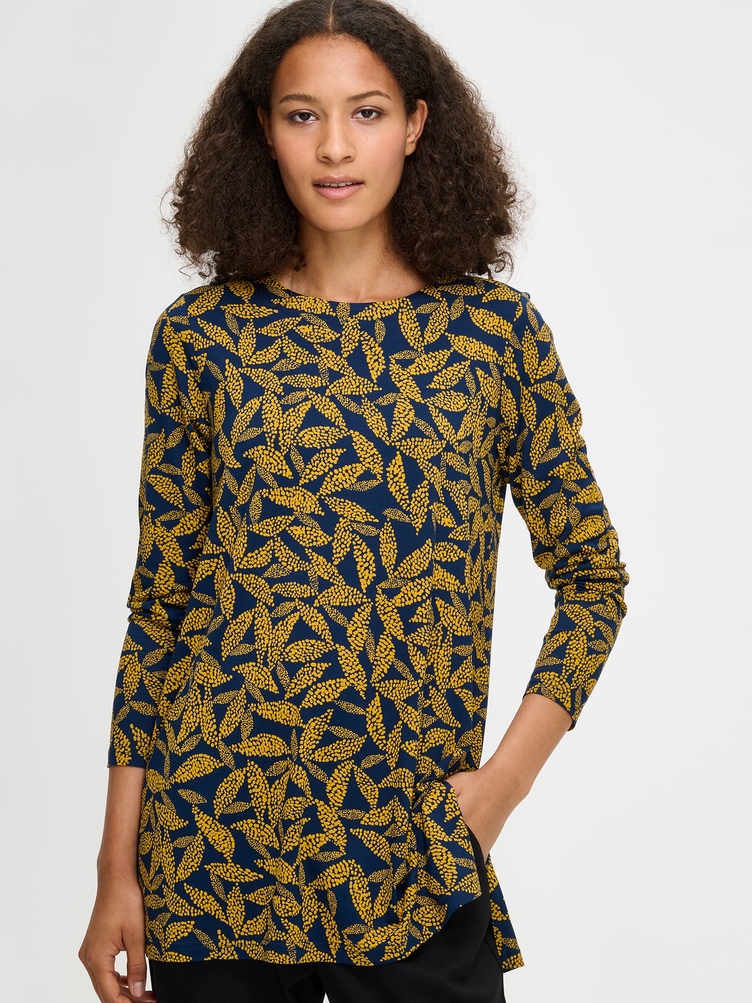 Nanso women’s yellow patterned Triine tunic, close-up