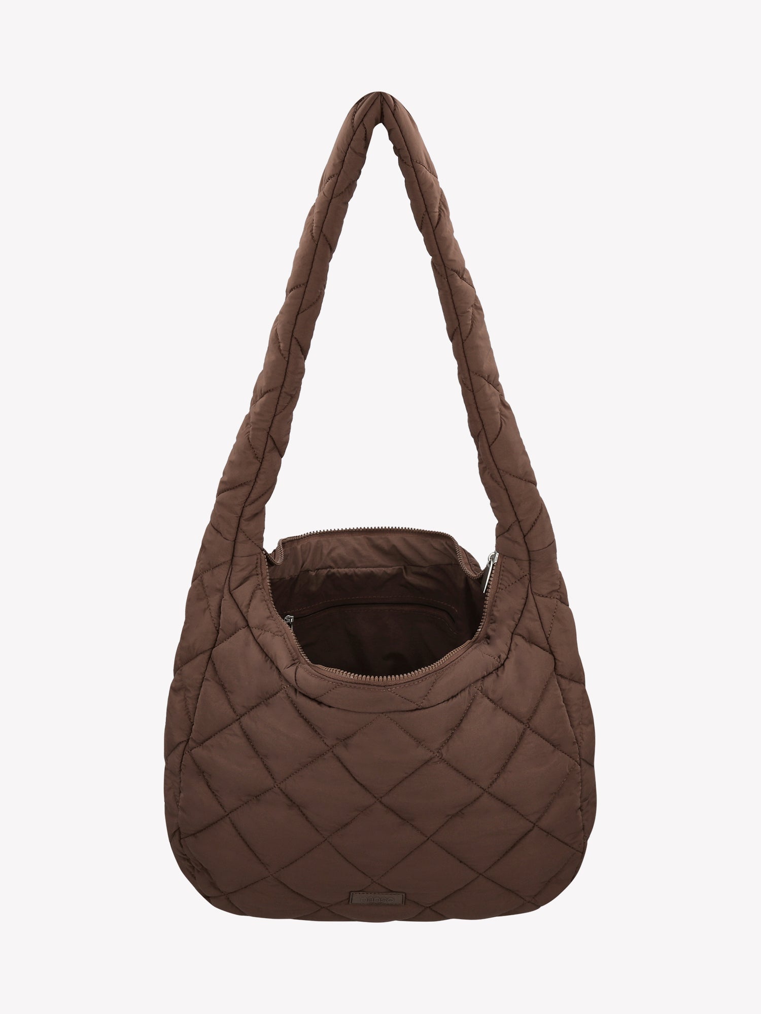 Nanso's dark brown Maxi Vanu bag features trendy quilted fabric in a spacious design with a thin padding, open