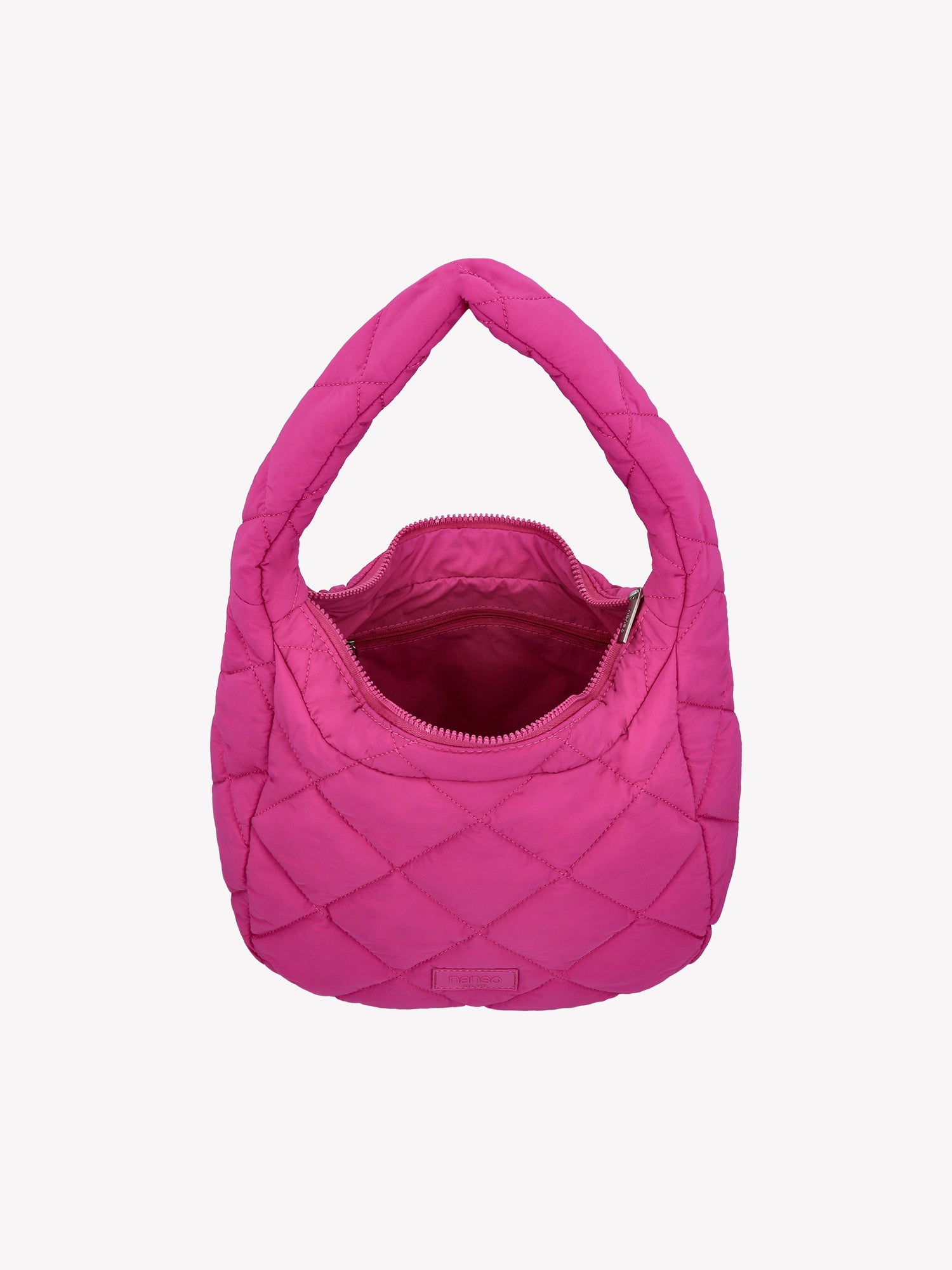 Nanso's trendy pink Midi Vanu bag is crafted from quilted fabric, open