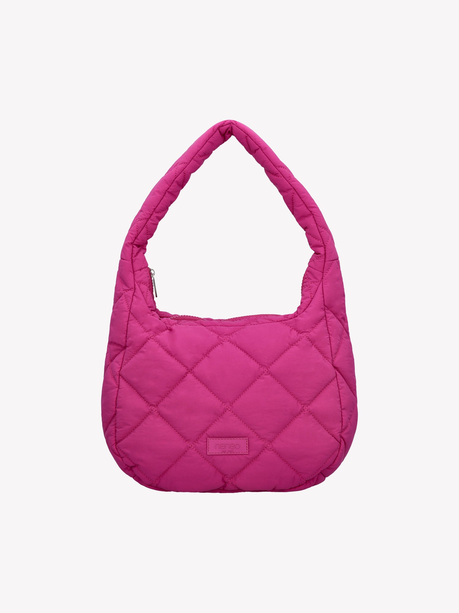 Nanso's trendy pink Midi Vanu bag is crafted from quilted fabric, front