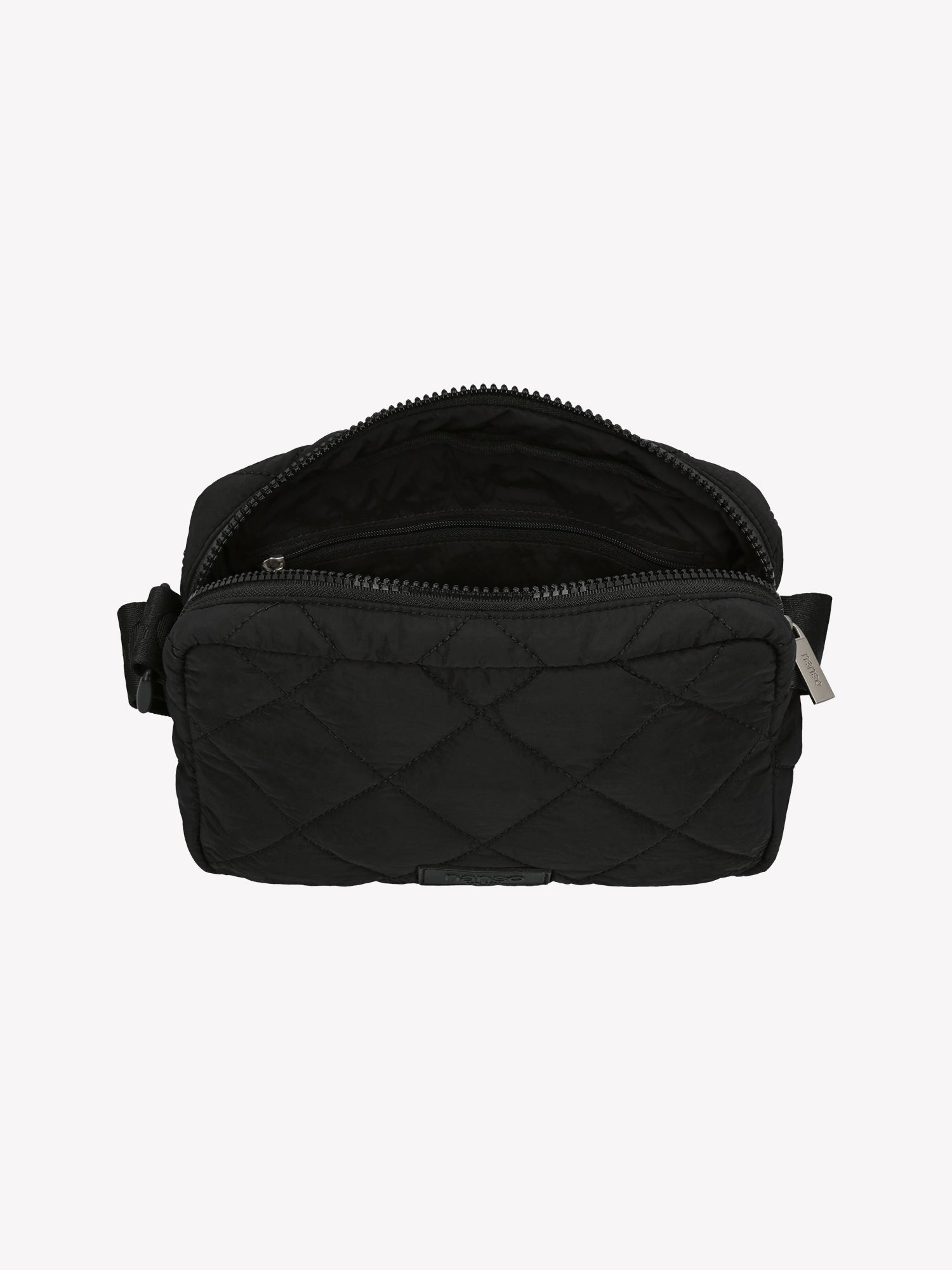 Nanso's stylish Vanu bag in black features quilted fabric and an adjustable shoulder strap, open
