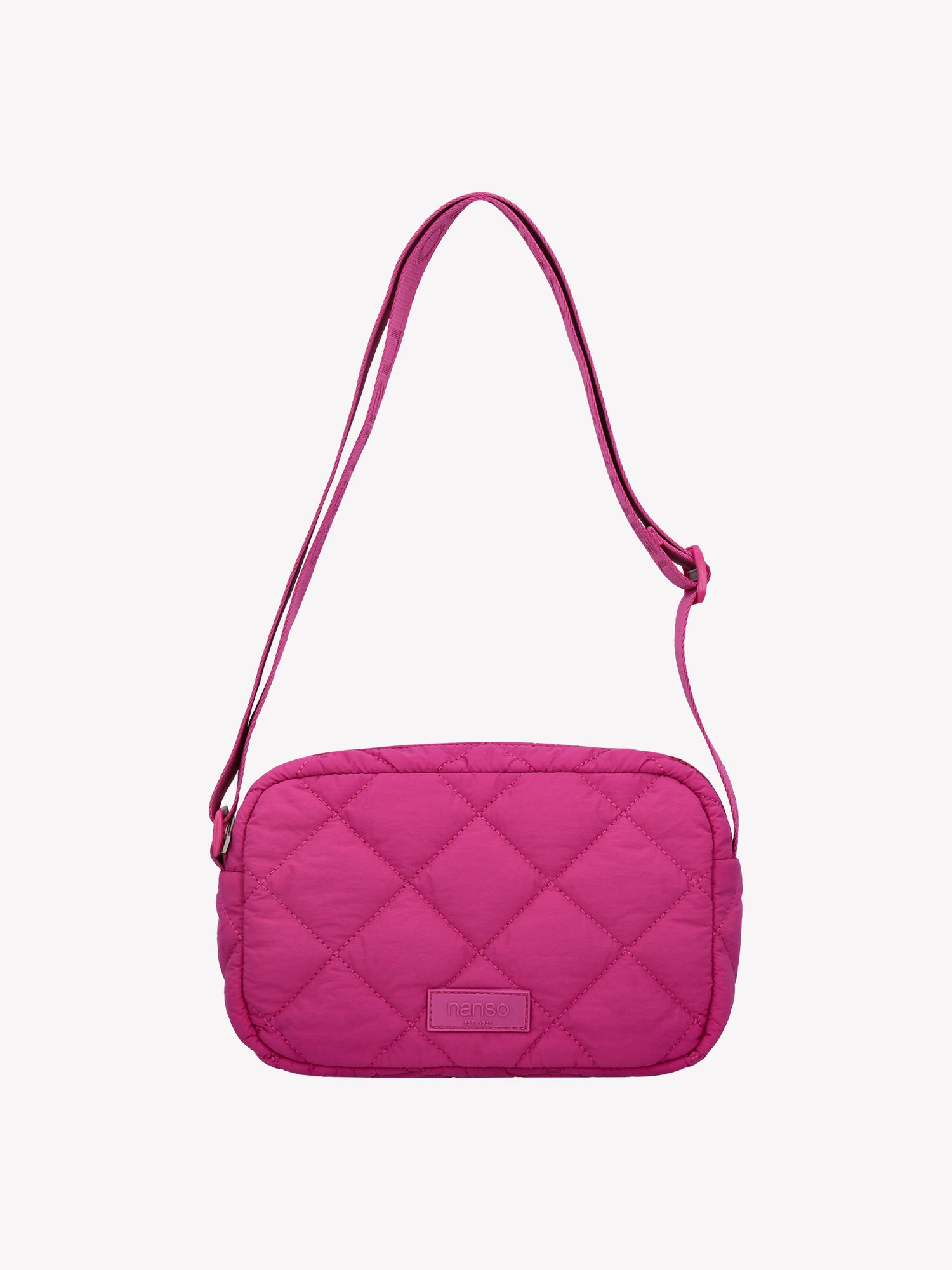 Nanso's stylish Vanu bag in pink features quilted fabric and an adjustable shoulder strap, front