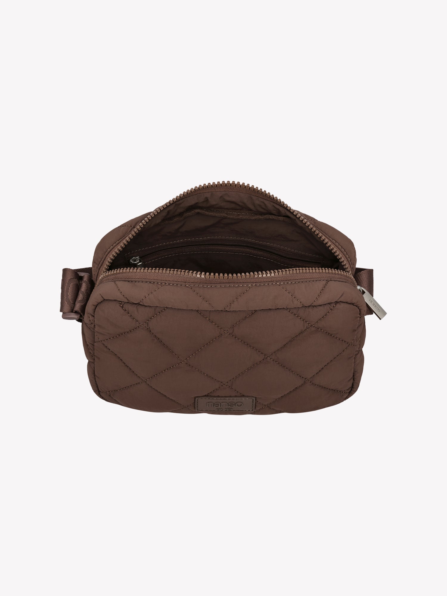 Nanso's stylish Vanu bag in dark brown features quilted fabric and an adjustable shoulder strap, open
