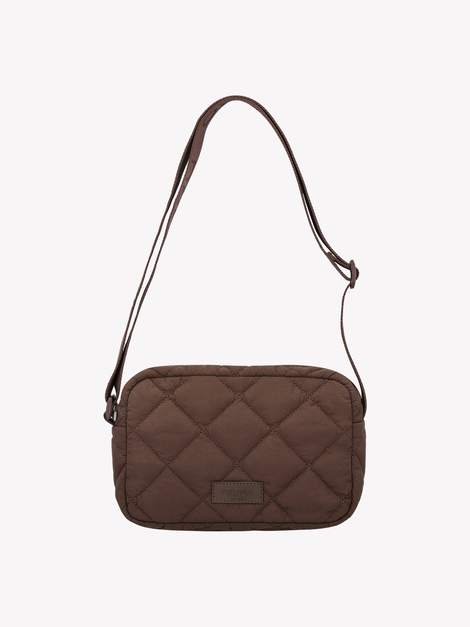 Nanso's stylish Vanu bag in dark brown features quilted fabric and an adjustable shoulder strap, front