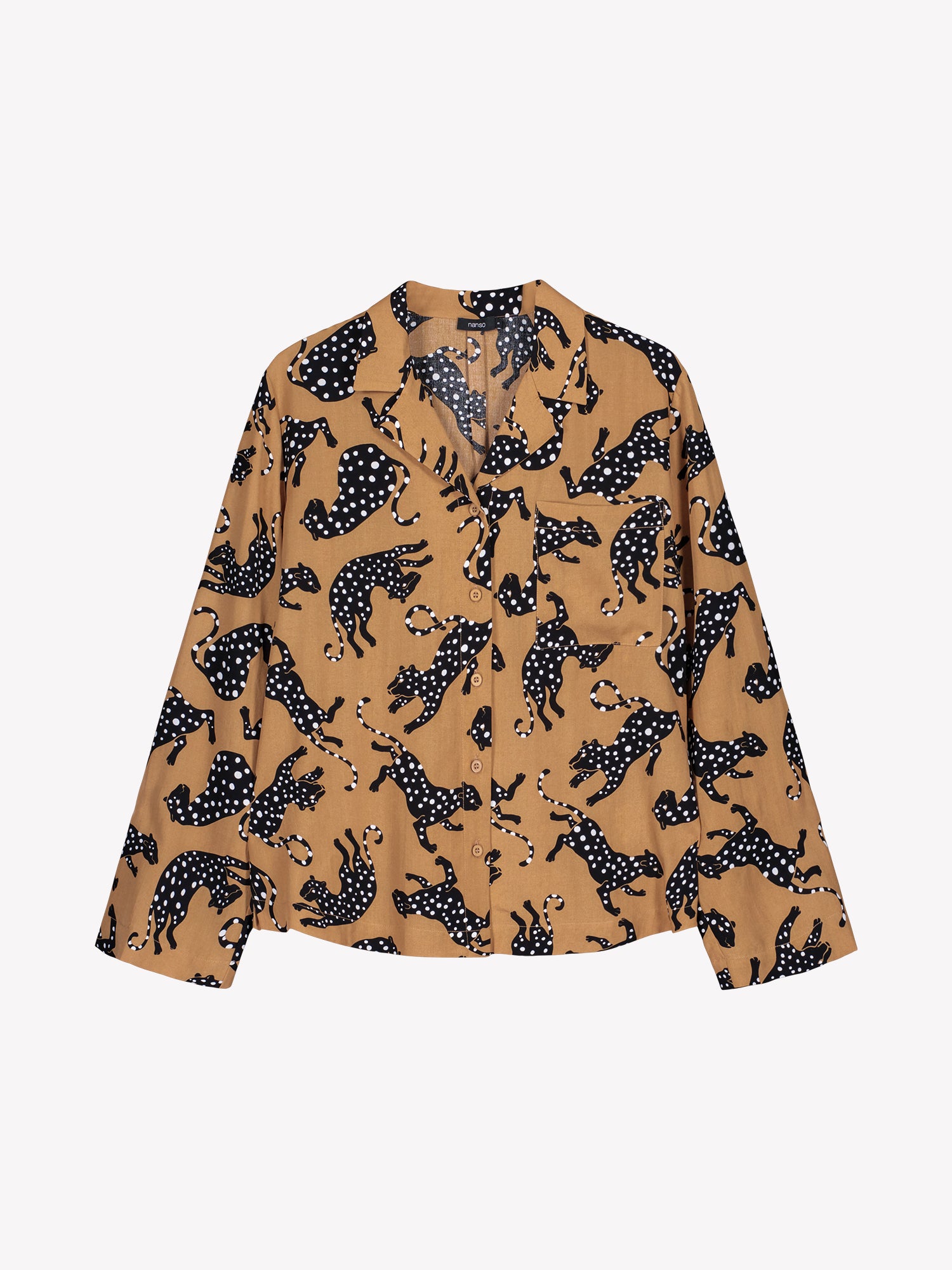 Nanso women's patterned Pieni Leonora blouse laid flat, showing chest pocket and button-down front.