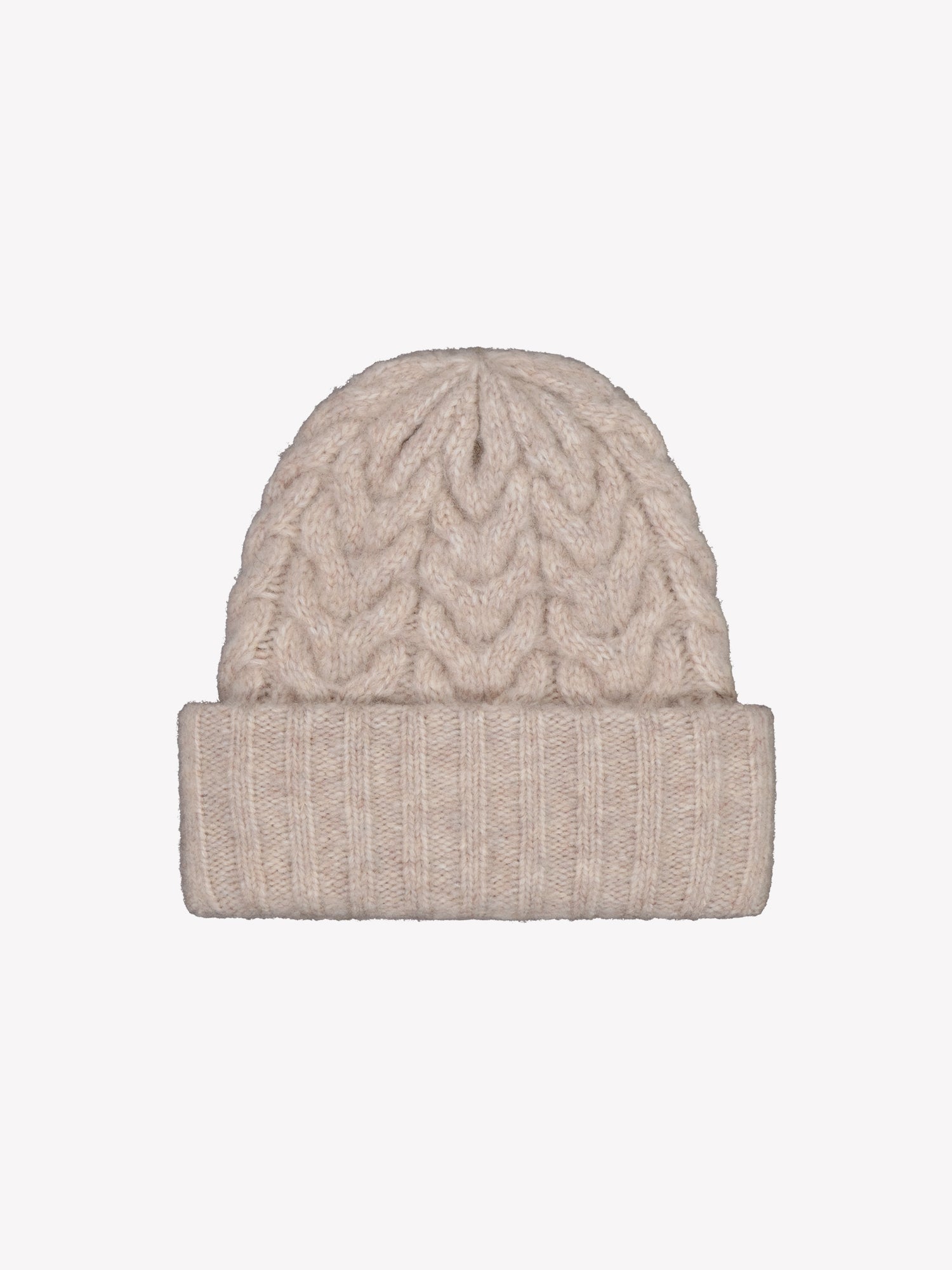 Nanso women’s beige Kierre knit beanie features a charming cable pattern and a cozy, voluminous fit. It has a flexible ribbed hem that can be folded for a perfect fit. Crafted from high-quality certified wool-polyamide blend.