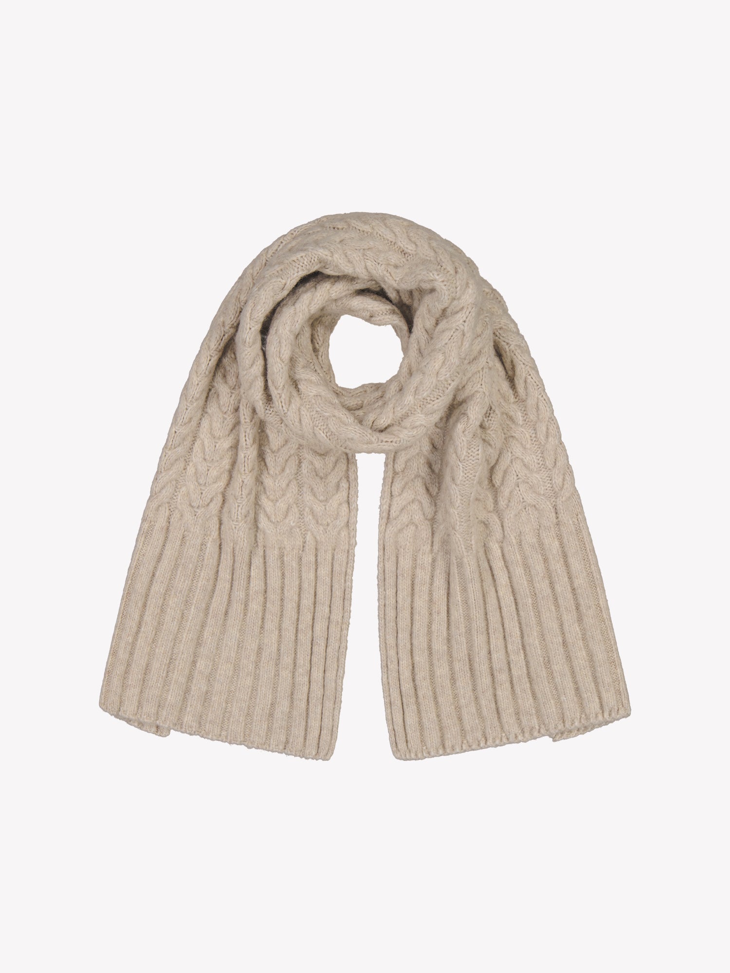 Nanso's Kierre scarf for women features a charming braided pattern, beautiful beige color and a plush texture. This soft scarf is crafted from a high-quality certified wool and polyamide blend. 
