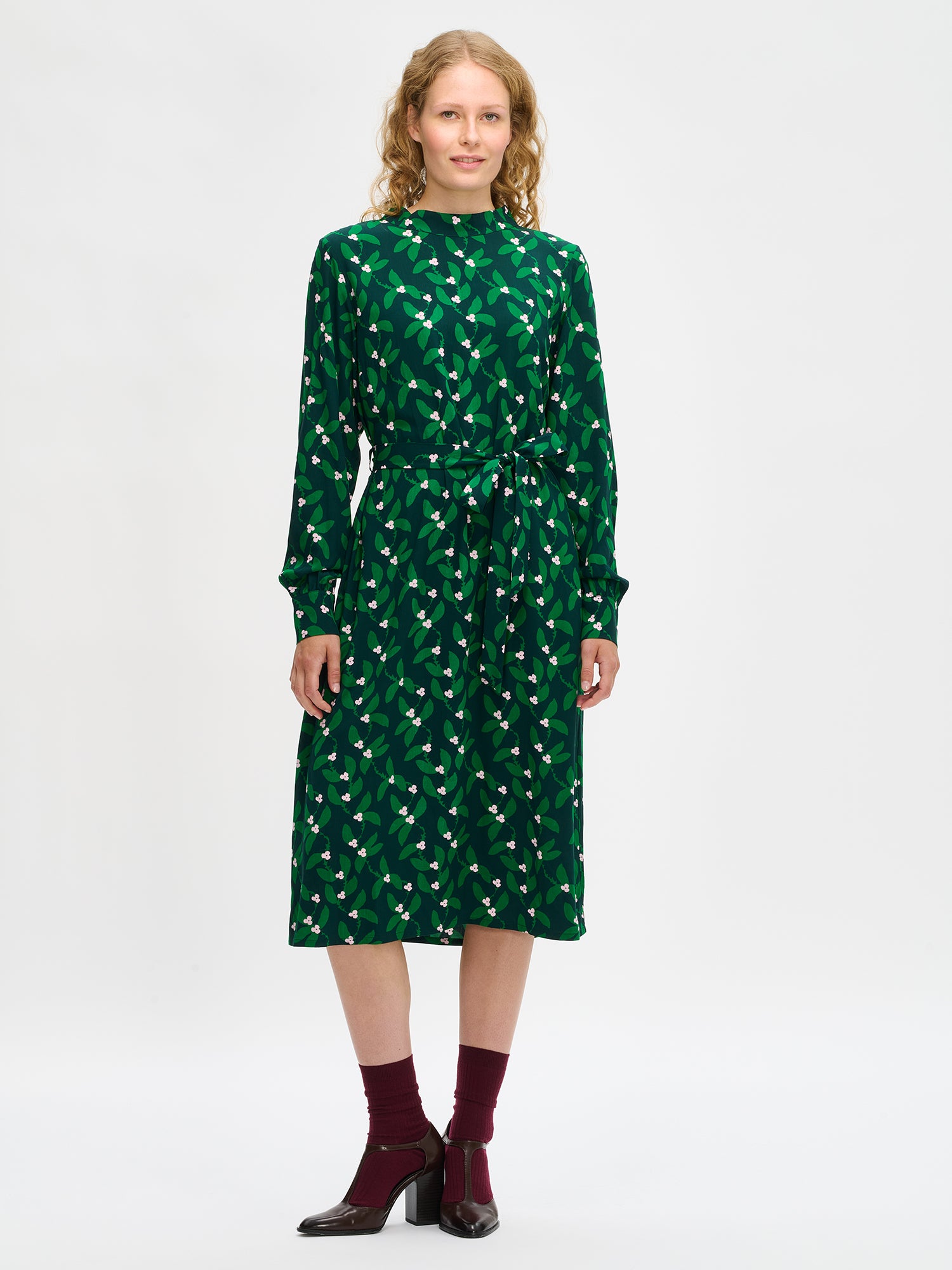 Nanso women’s Vieno dress in green floral viscose, front