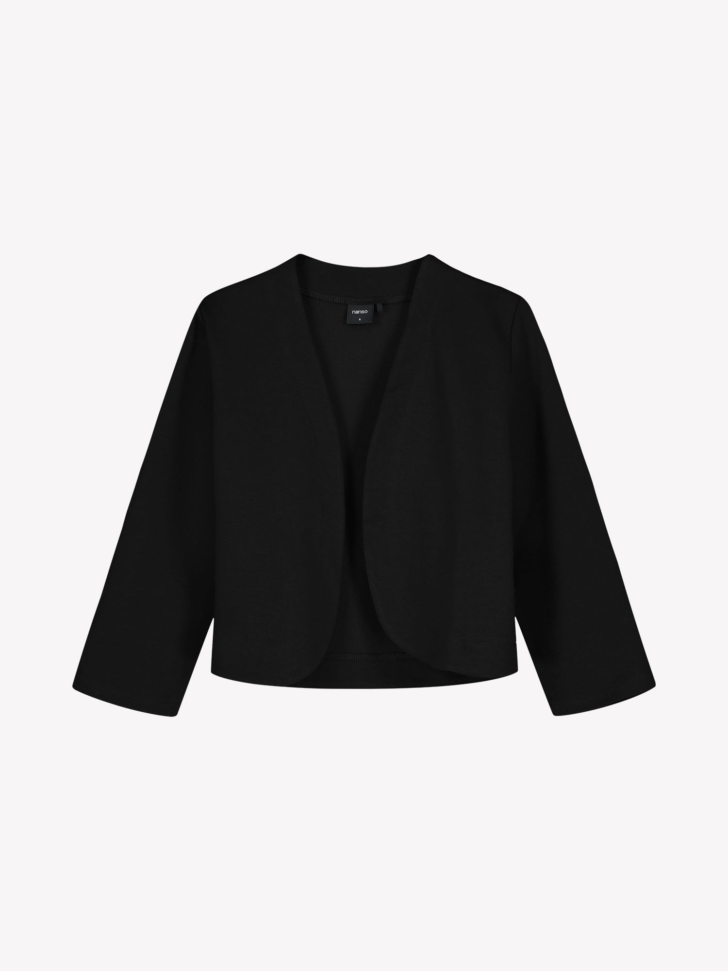 Nanso women’s black Opera bolero, waist-length short style with round neckline and three-quarter sleeves, in product photo.