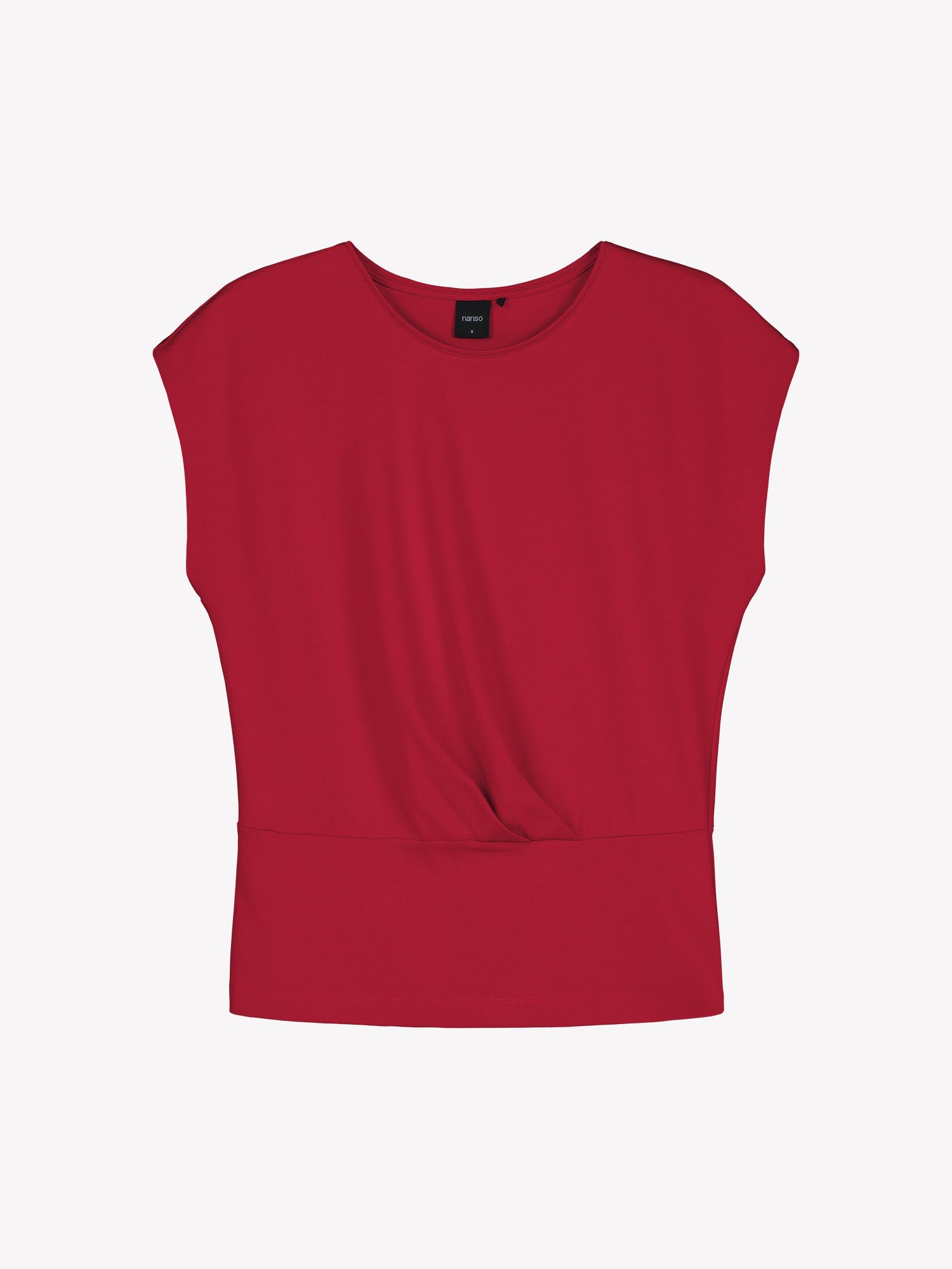 Nanso women’s Elegia blouse – timeless Finnish design in soft red knit with cap sleeves and pleated waist.