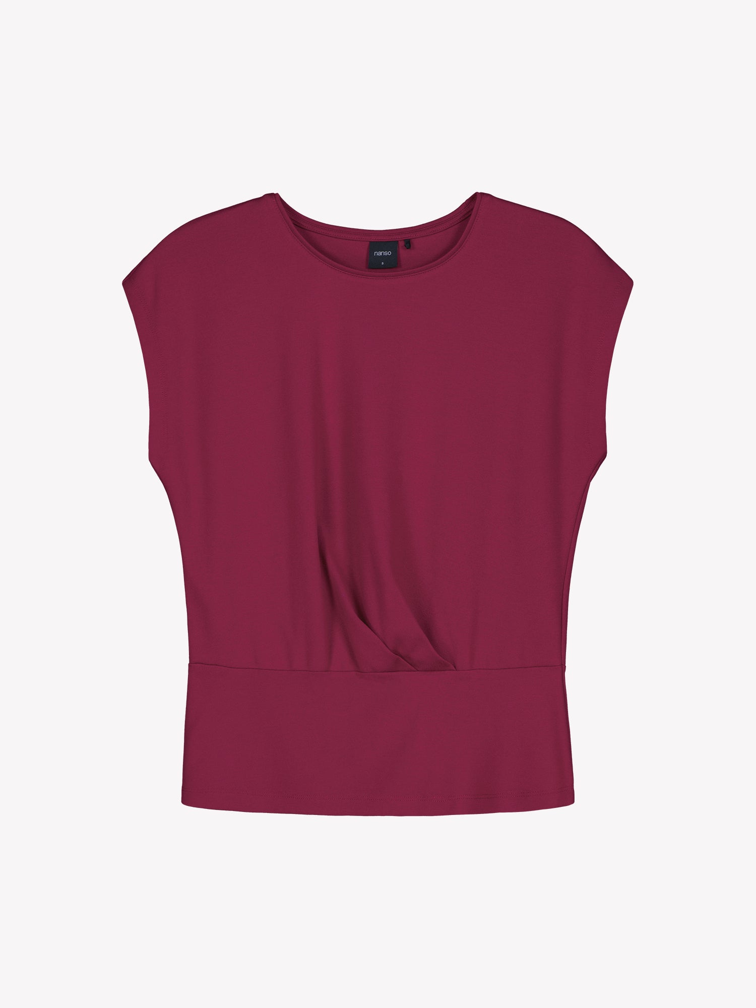 Nanso women’s Elegia blouse – timeless Finnish design in soft burgundy knit with cap sleeves and pleated waist. 