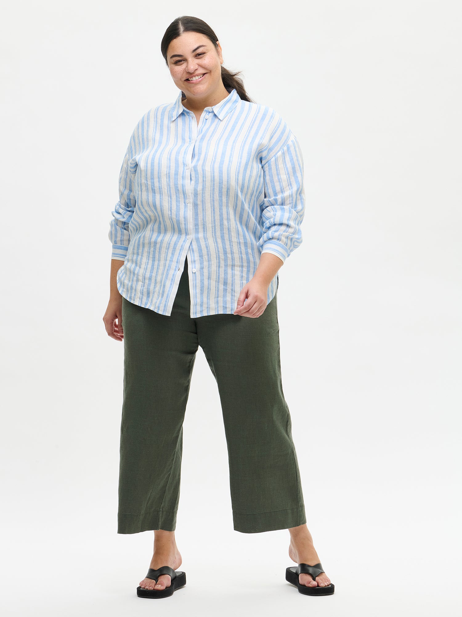 Nanso women's striped light blue Regatta linen shirt in size 46