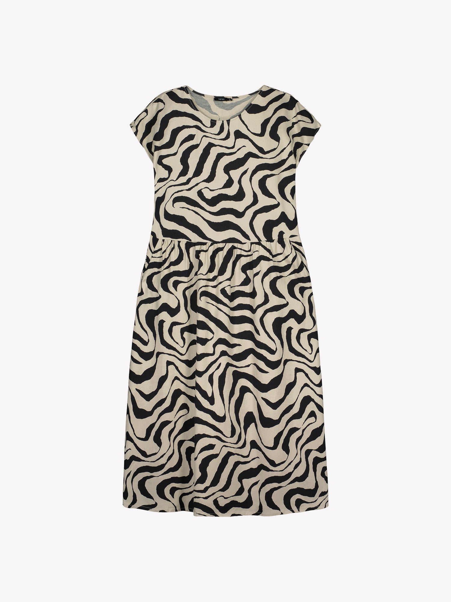 Nanso women’s patterned beige Savanna dress, front view in a product image. Midi-length style with a gathered waist seam.